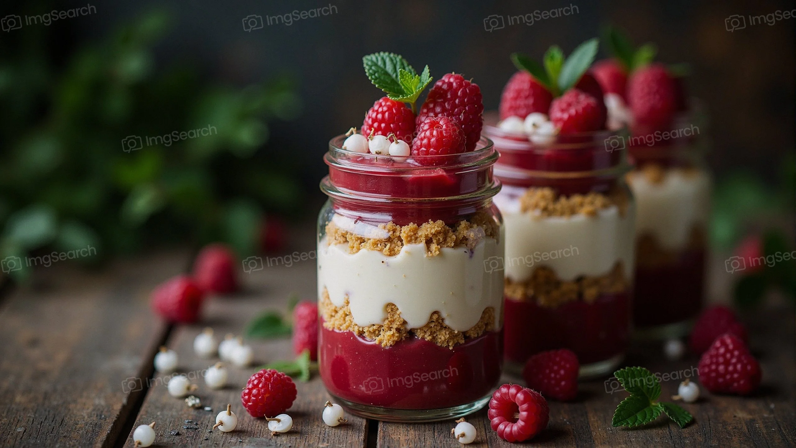 Three jars of raspberry parfait with layers of yogurt, raspberry sauce, granola, garnished with fresh berries.