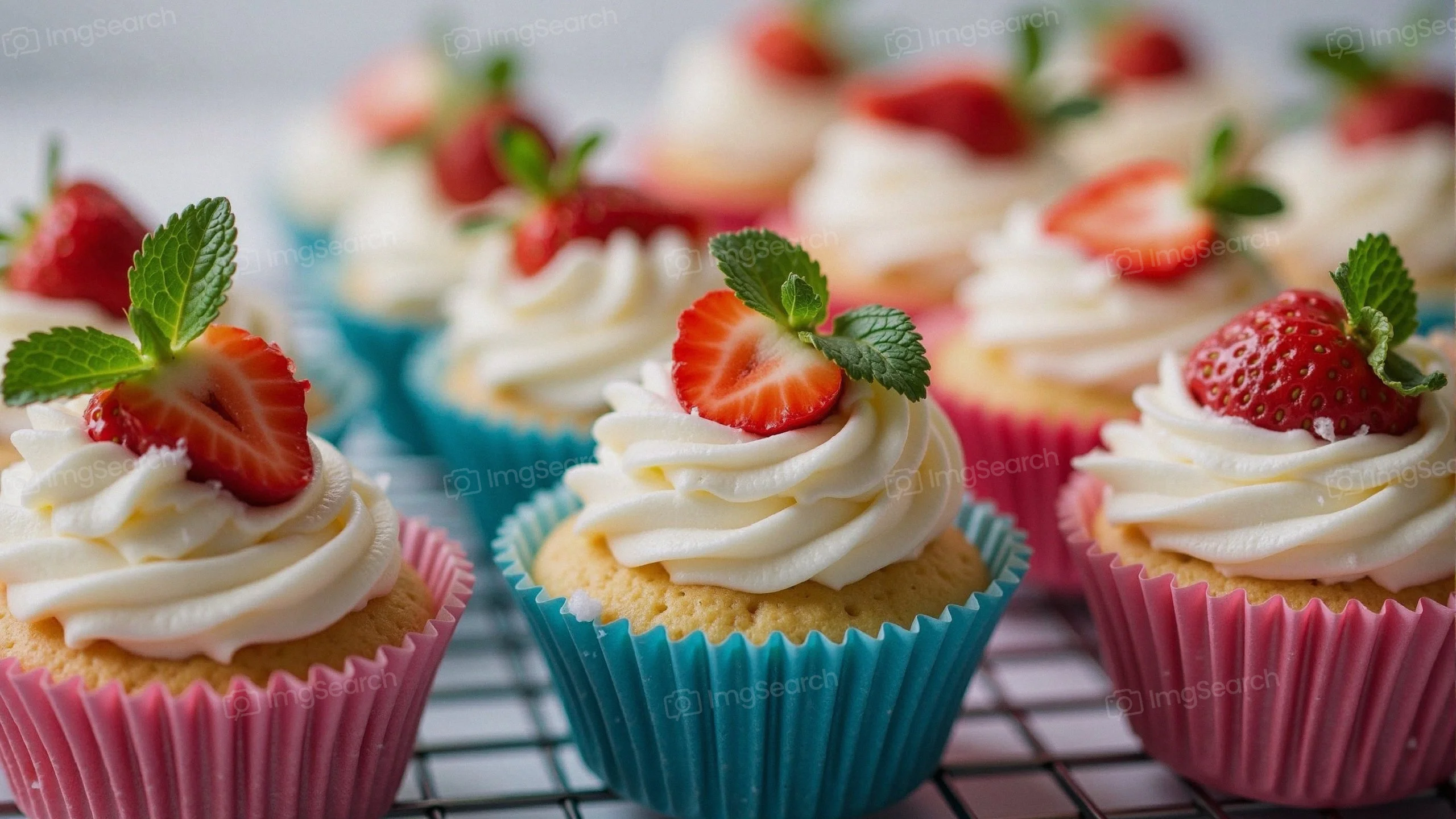 Colorful cupcakes topped with whipped cream and strawberries on a cooling rack