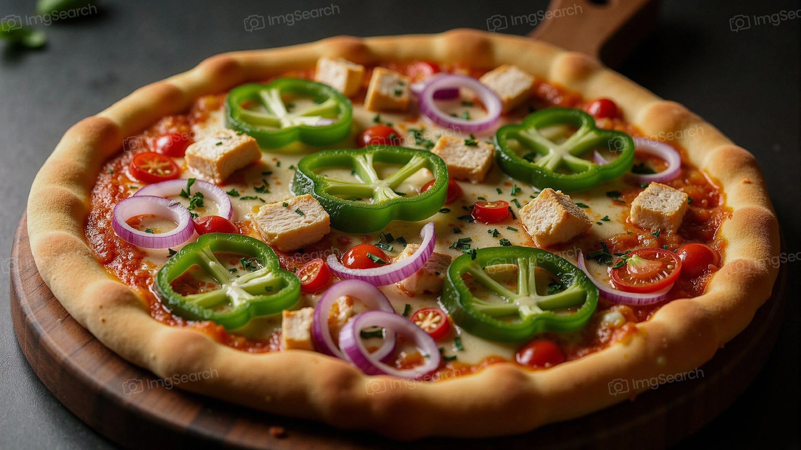 Close-up of a vegetable pizza with bell peppers, onions, croutons.