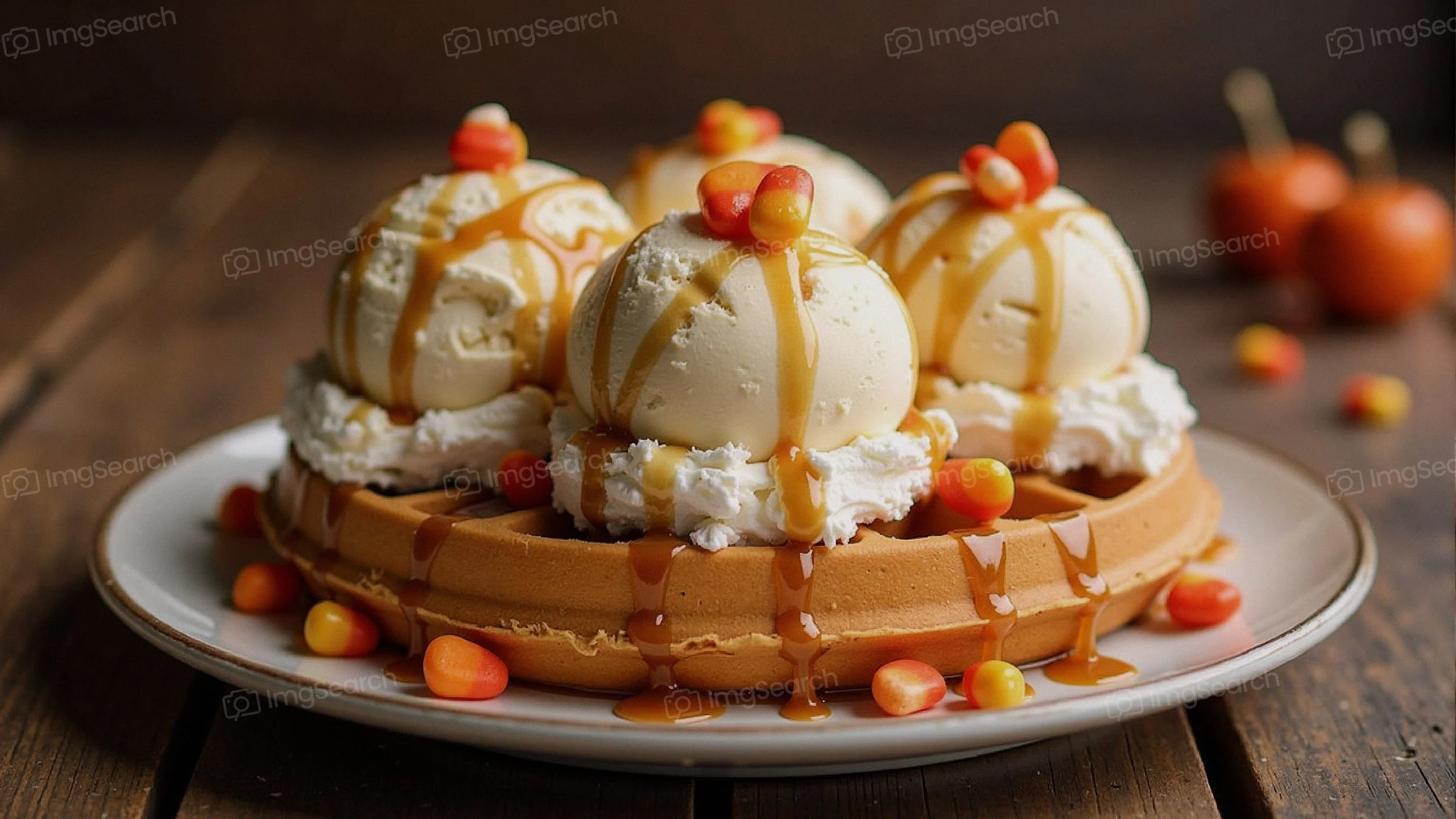 Waffle sundae topped with ice cream, whipped cream, candy corn