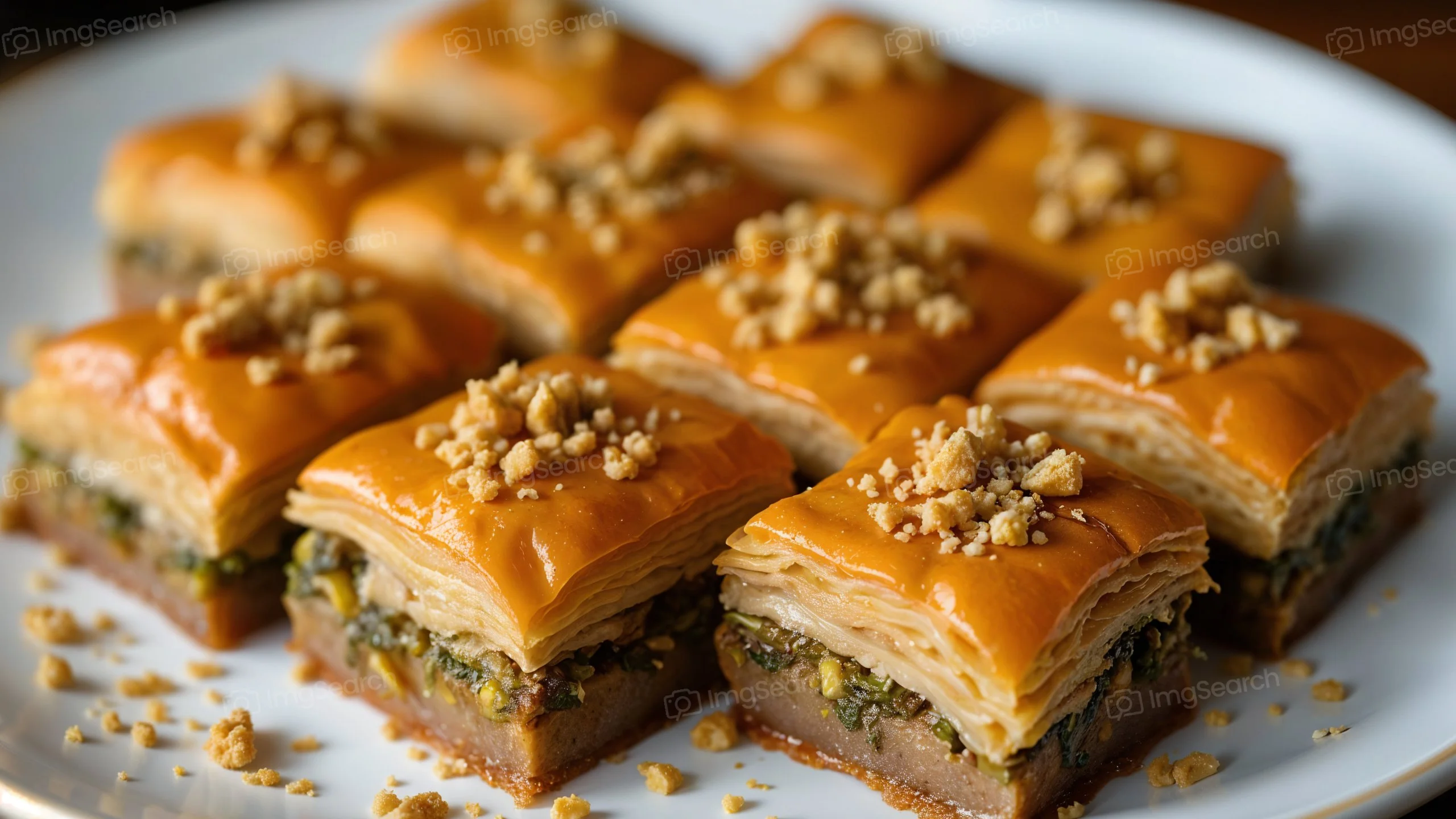 A plate of baklava, displaying layers of pastry filled with nuts and a sprinkle of crushed nuts on top.