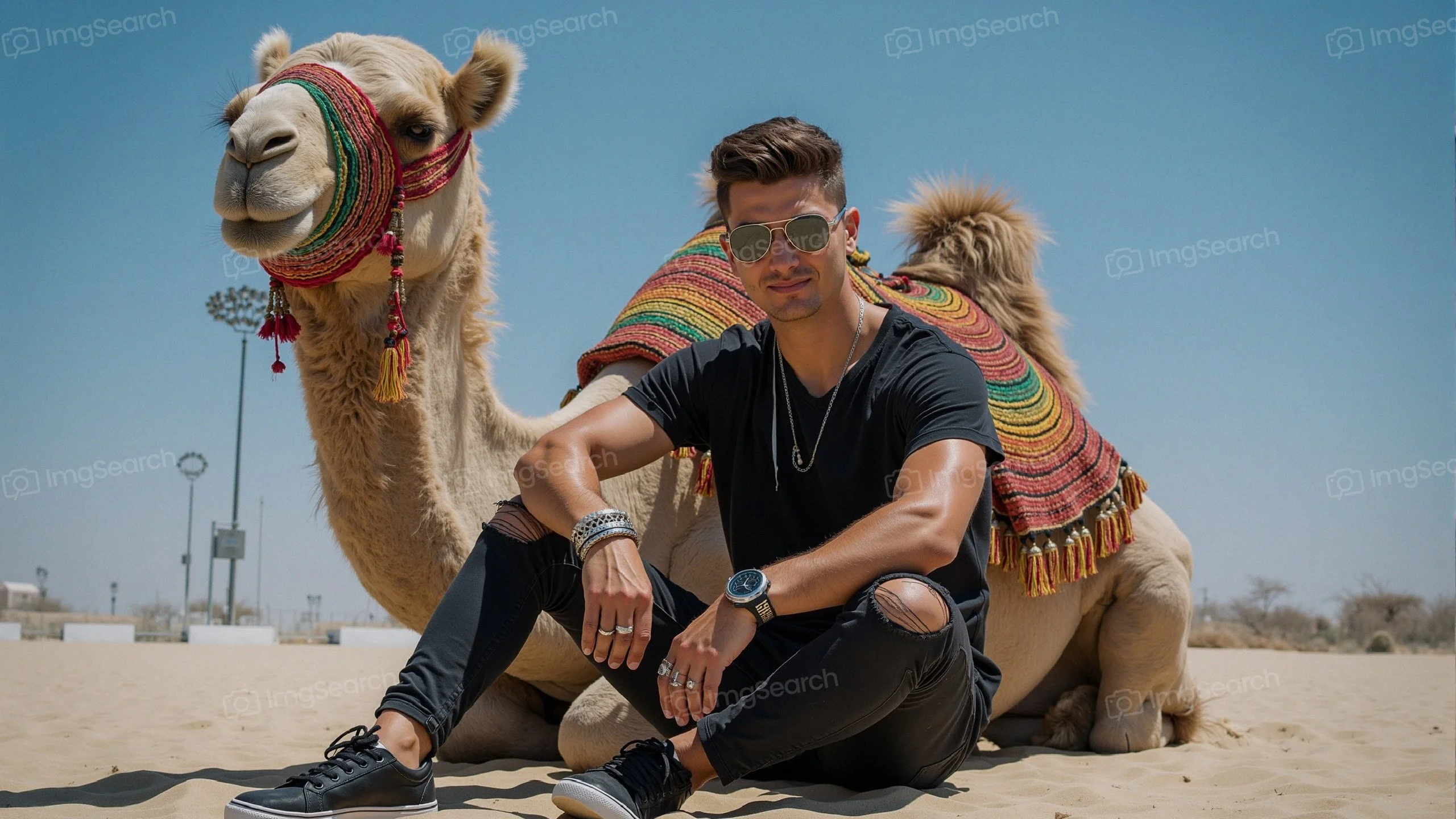 A young man in black clothing sits next to a decorated camel in a desert setting.