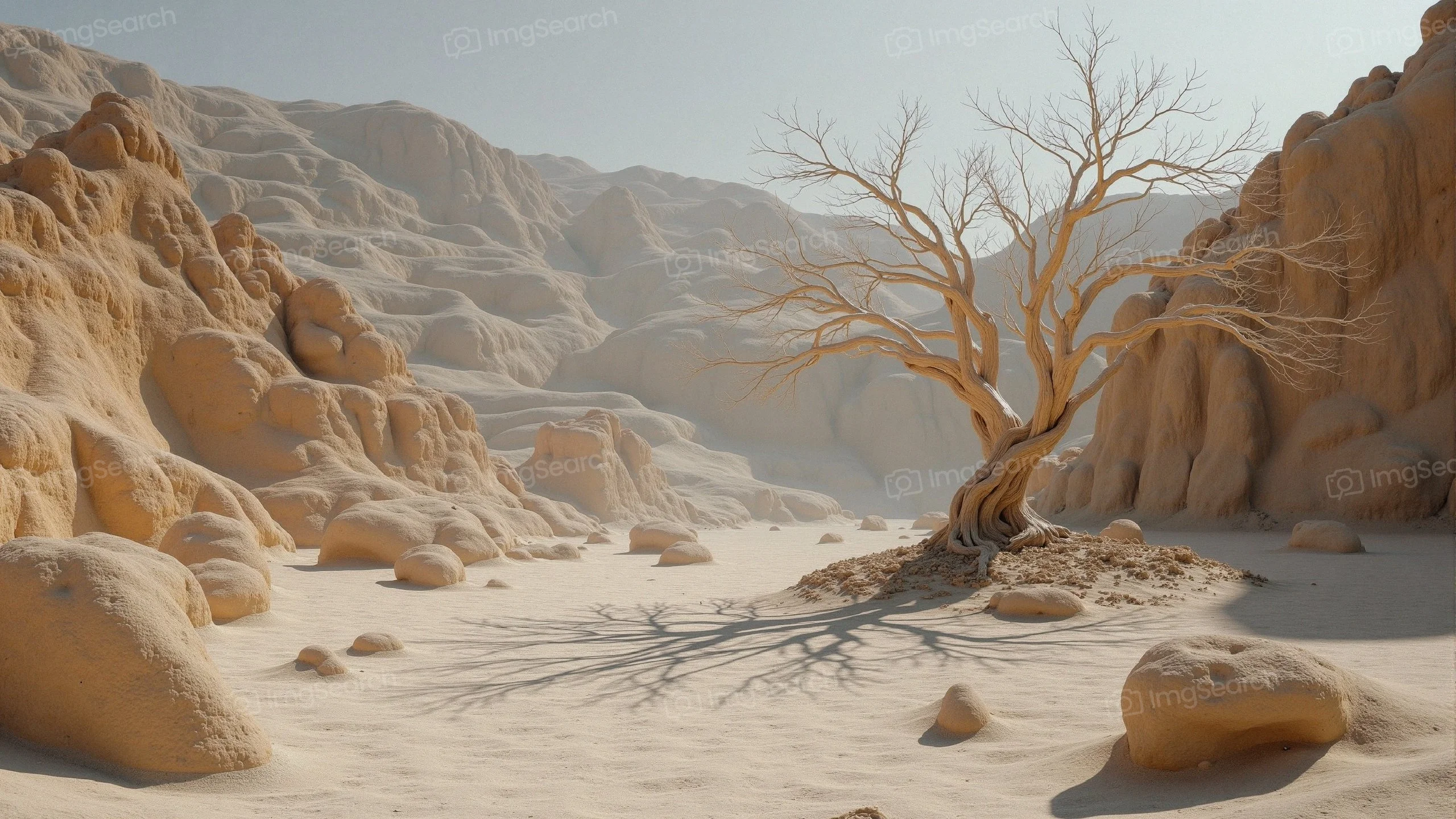 A lonely tree in a sandy valley surrounded by rocky formations under a clear sky.