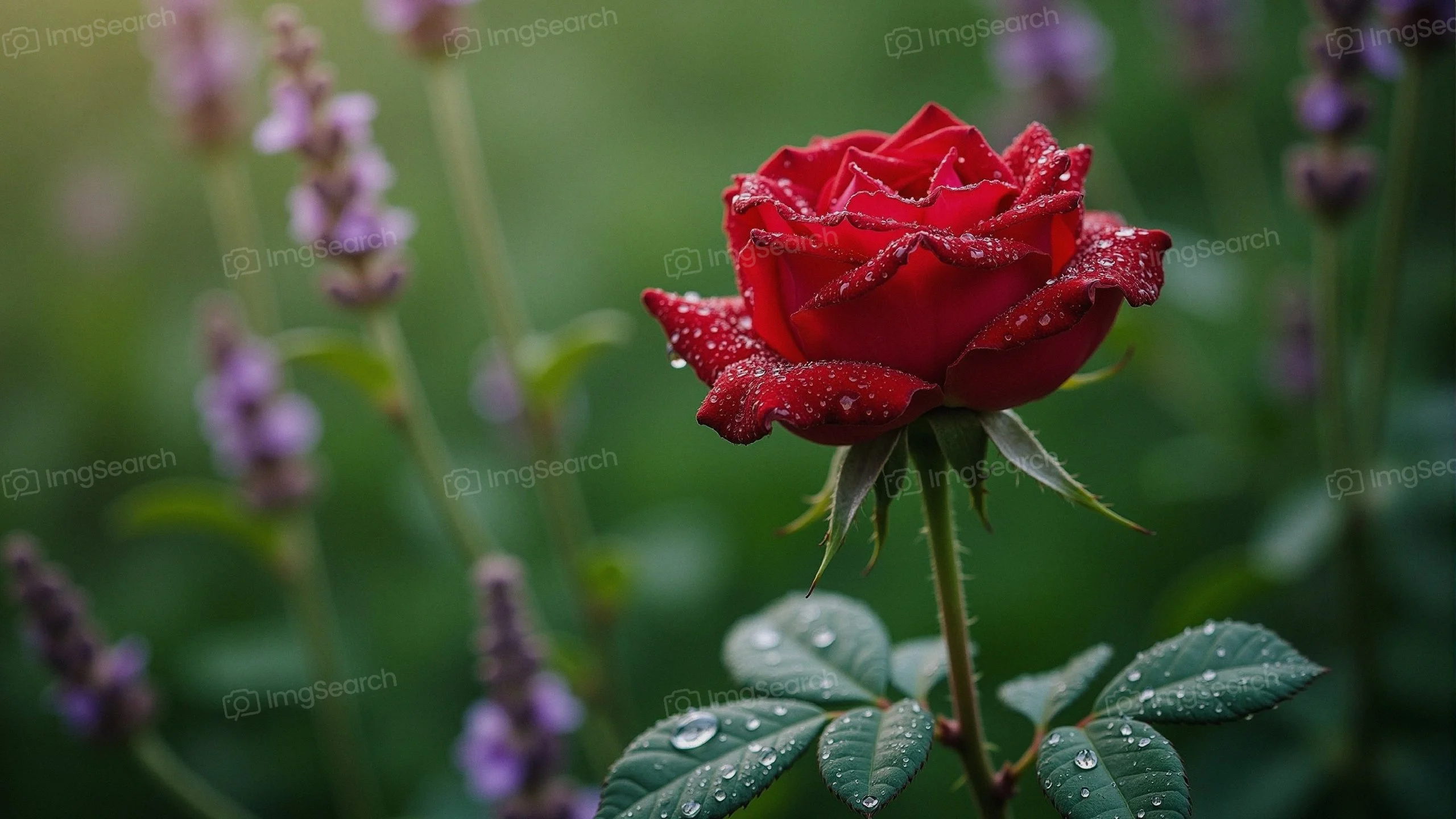 A bright red rose with dew drops in a green garden setting.