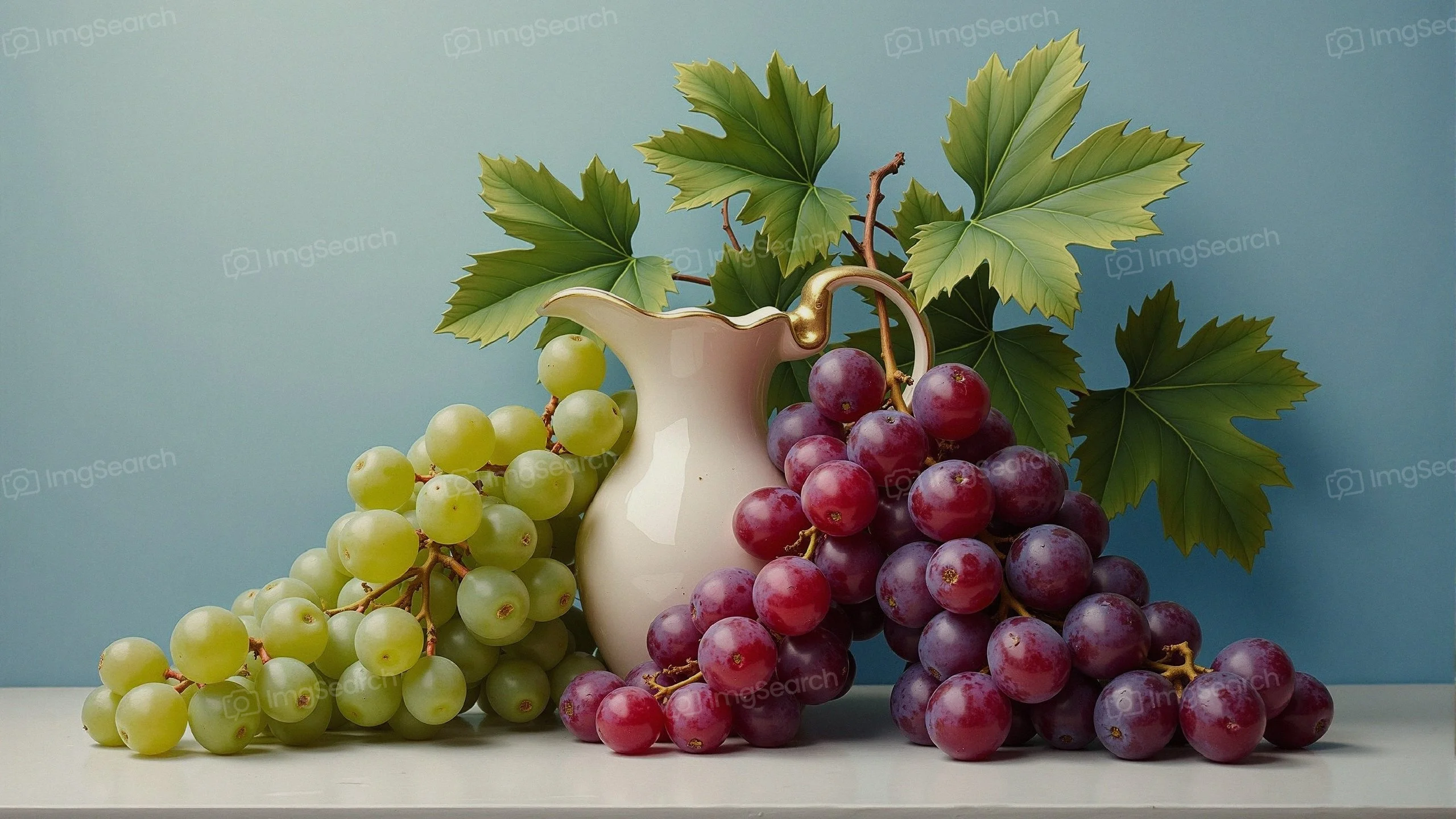 A still life arrangement of green purple grapes beside a white ceramic jug lush green leaves.