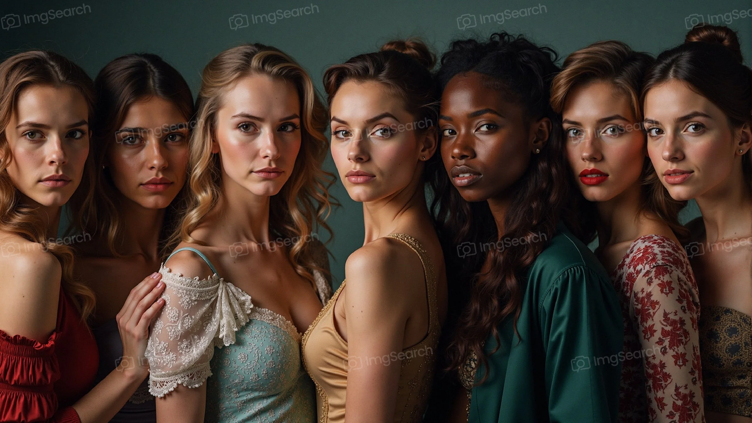 A group portrait featuring seven women with varying hair colors styles, posing together.