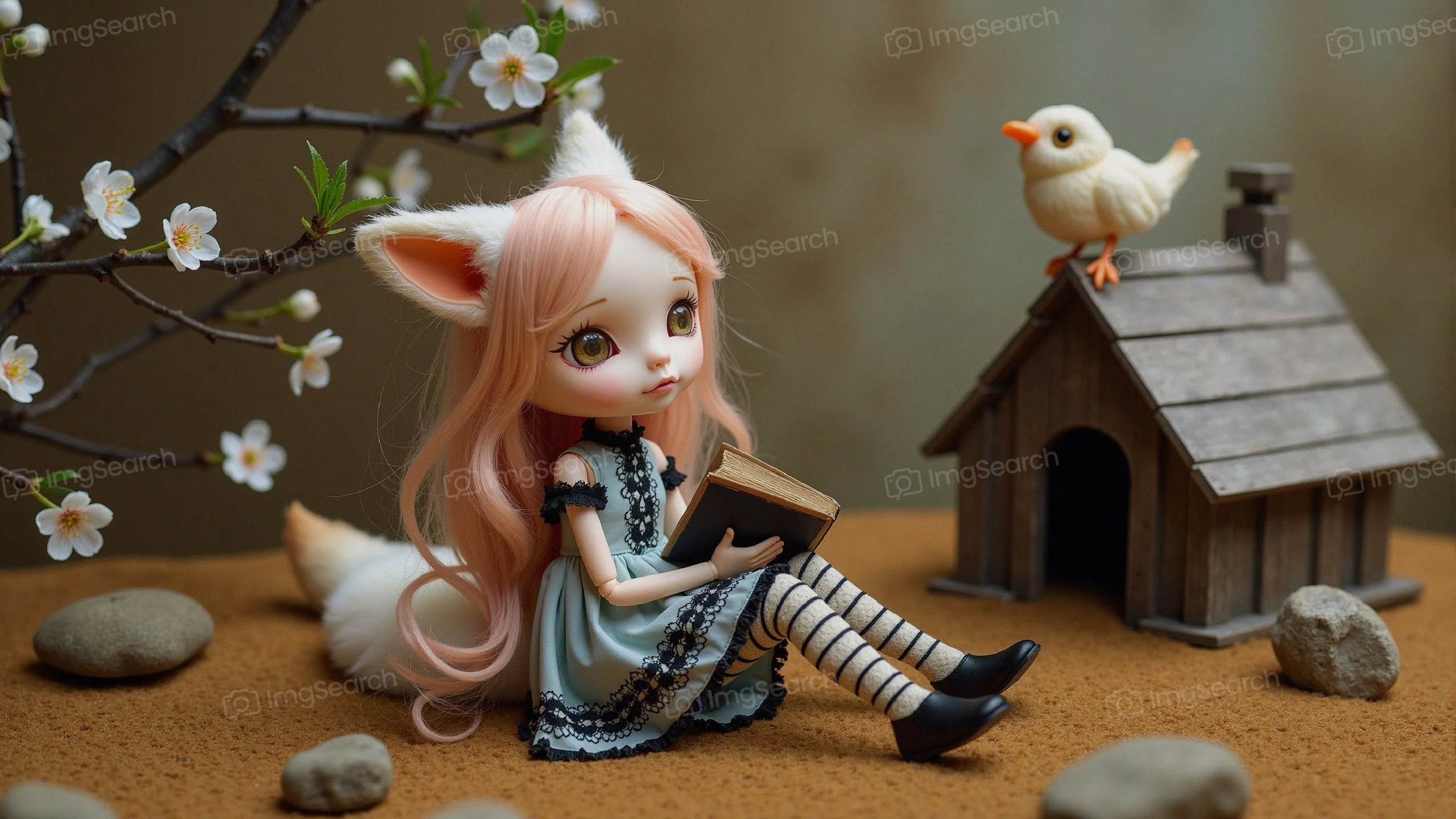 A doll with fox ears reading a book, accompanied by a bird near a small birdhouse.