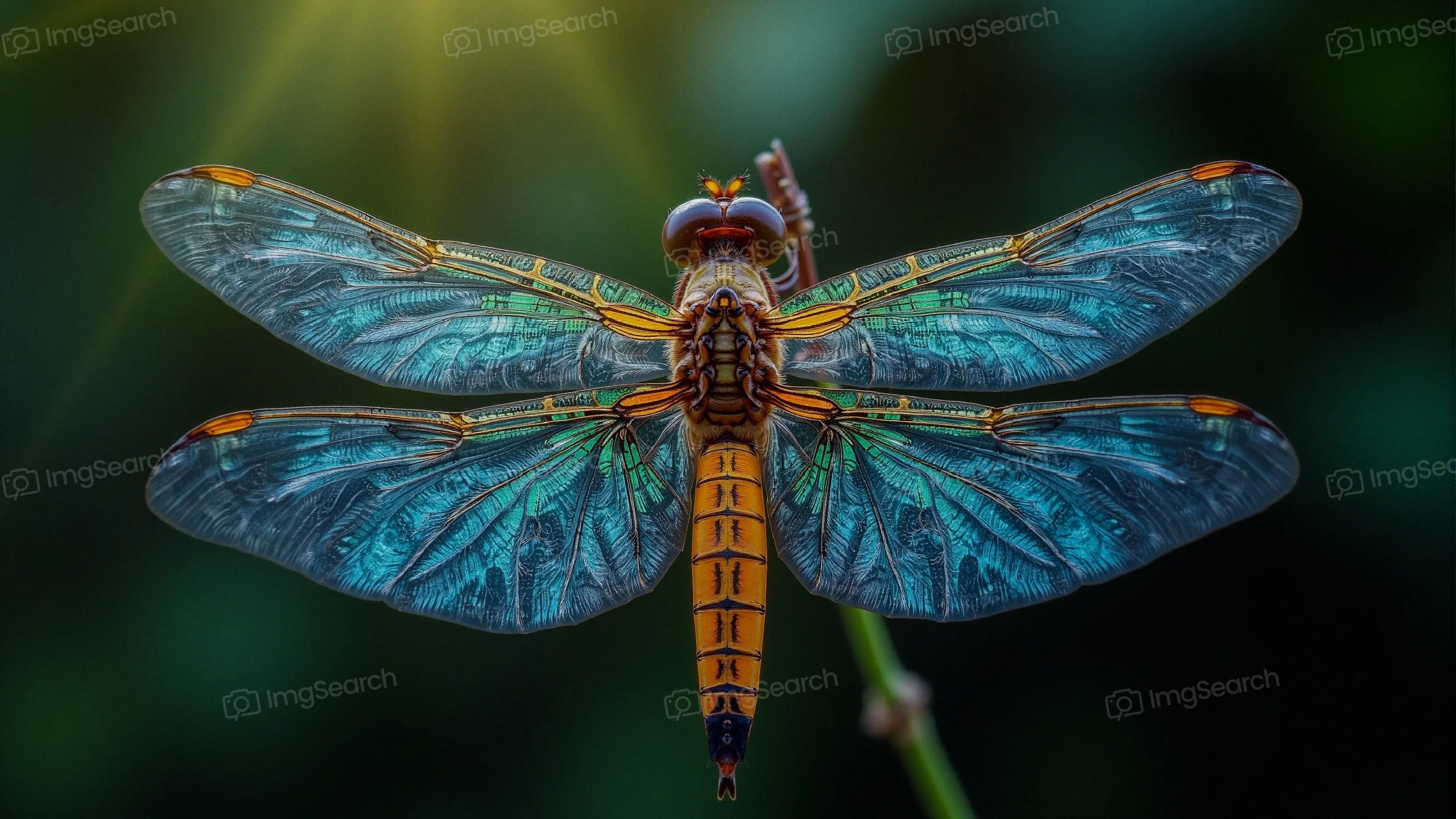 A close-up of a blue orange dragonfly with its wings spread wide against a blurred green background.