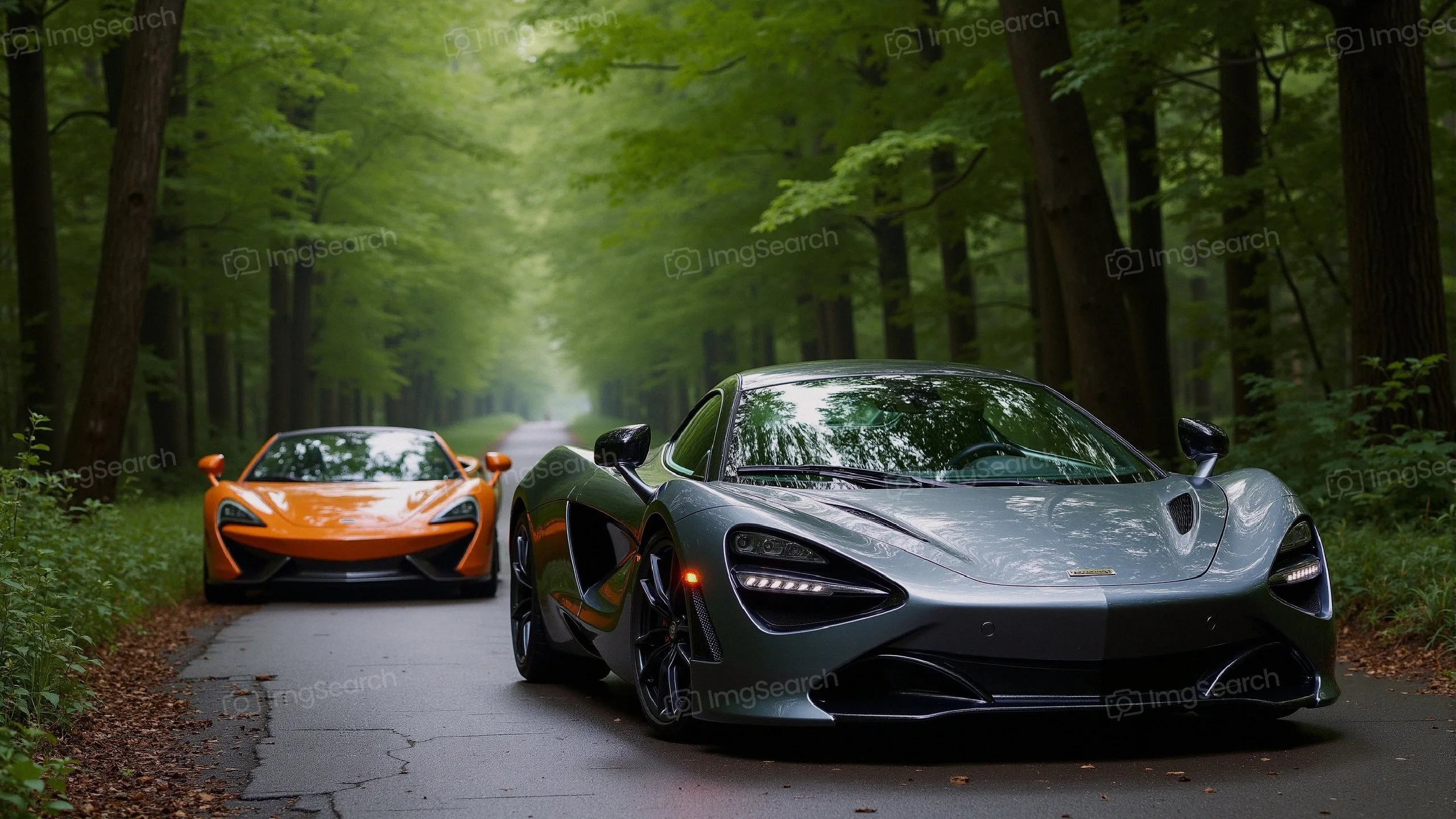 Two McLaren supercars parked on a forest road, one silver one orange