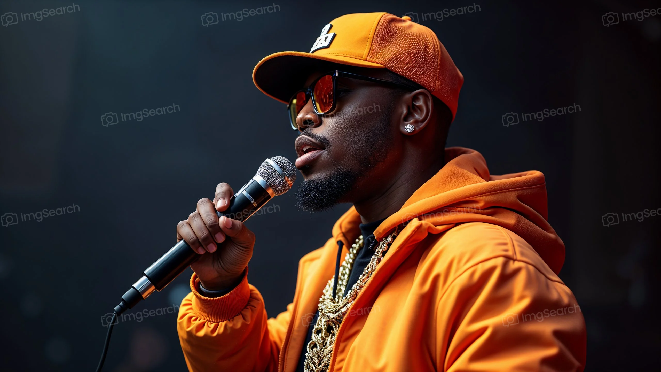 Hip-hop artist performing with a microphone on stage, dressed in orange attire