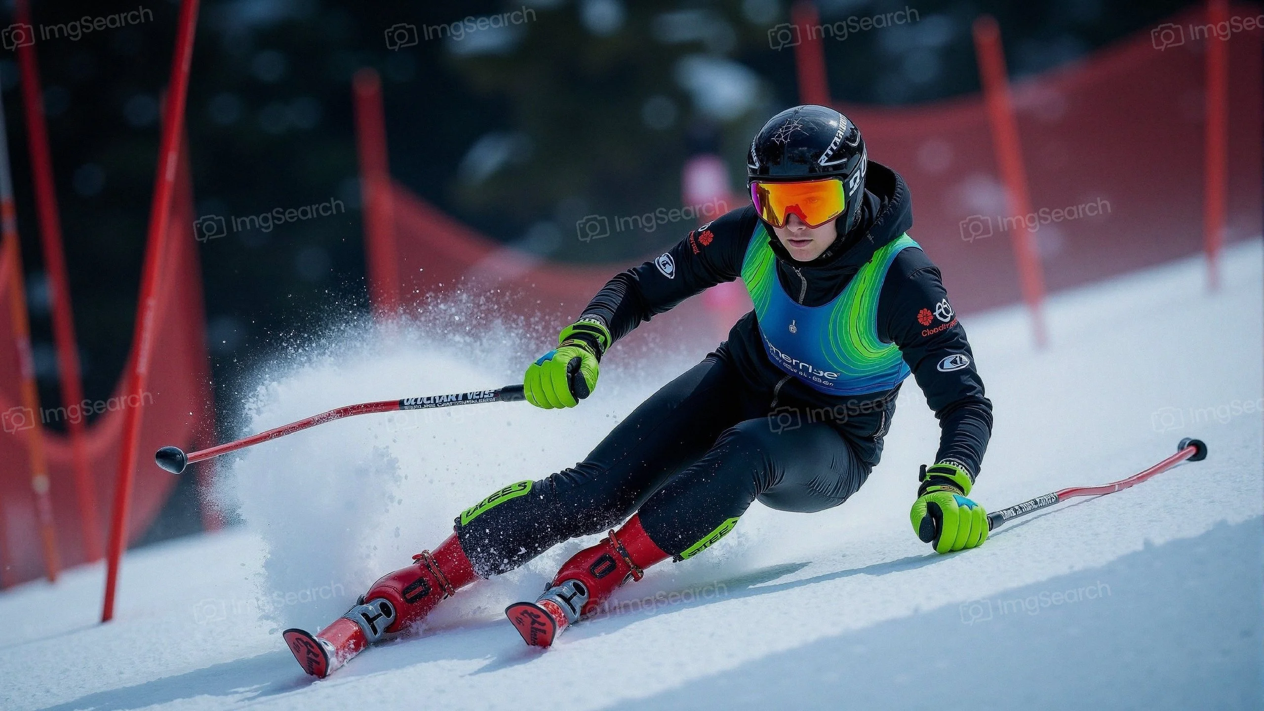 A skier maneuvering down a snow-covered slope, showcasing speed agility while navigating around a flag.