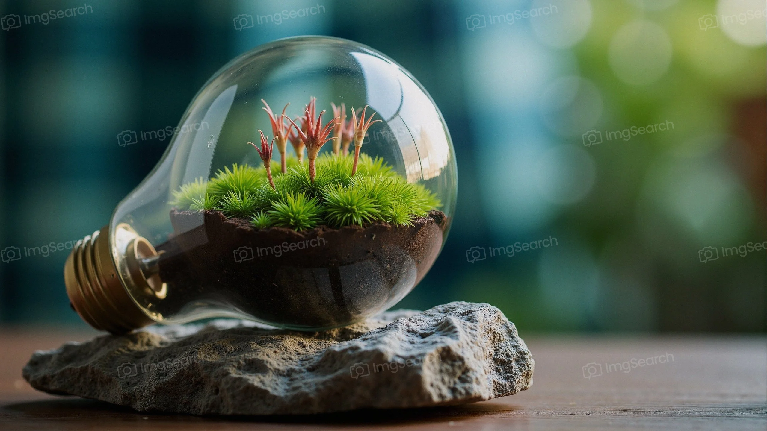 A terrarium inside a light bulb with green moss sprouts on a stone base.