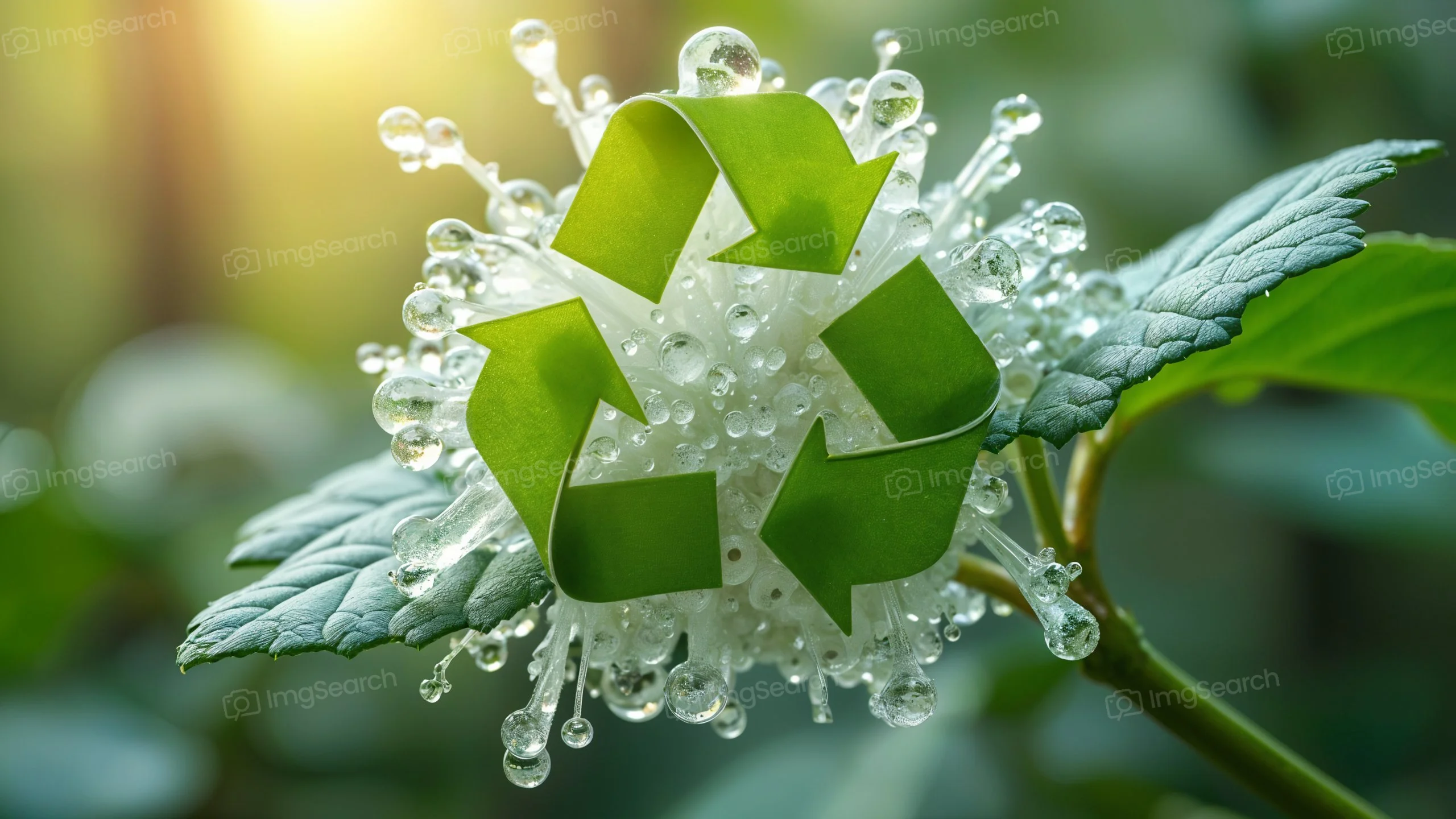 A flower with a green recycling symbol surrounded by droplets of water