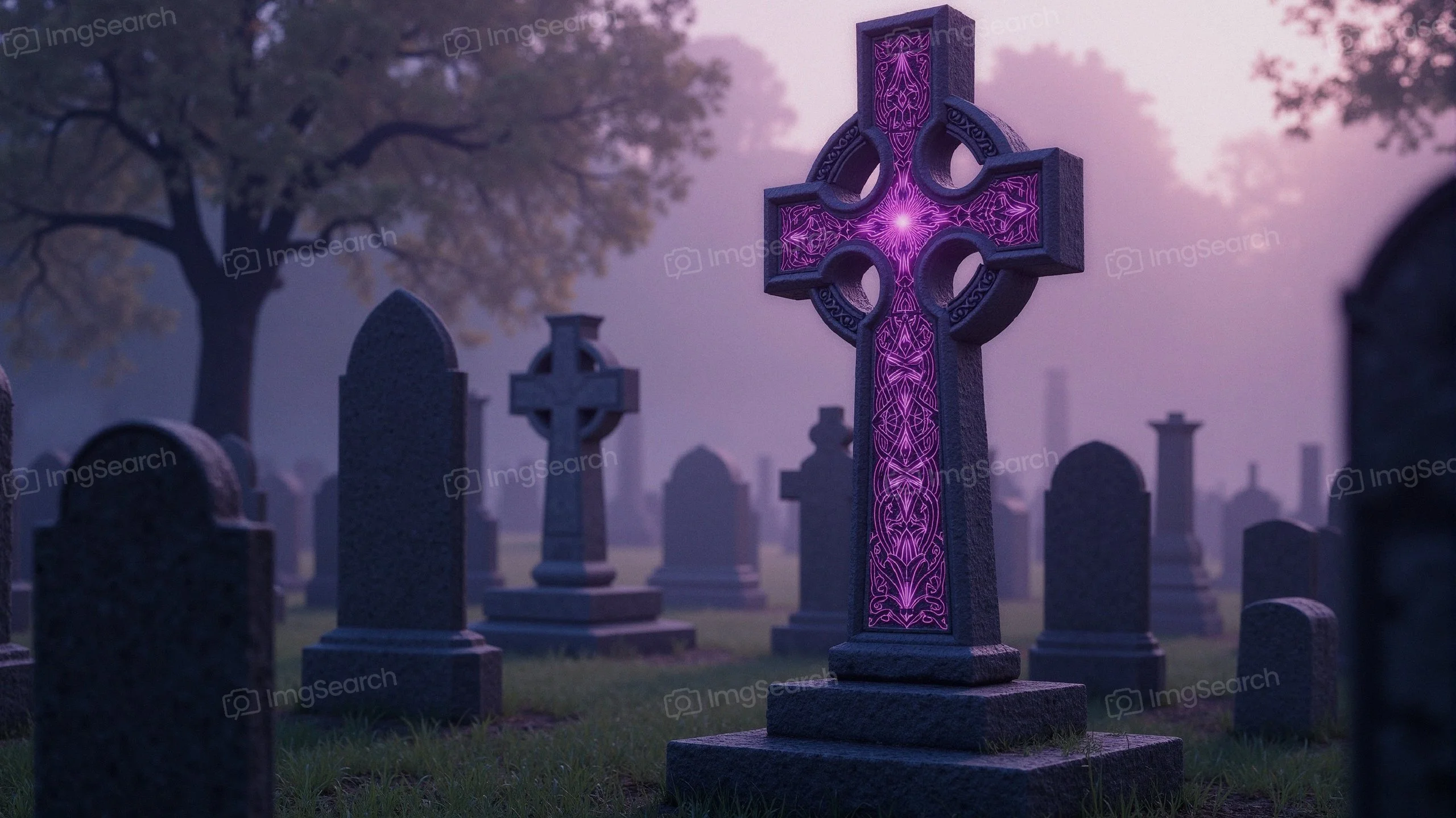 A Celtic cross with purple details in a foggy graveyard