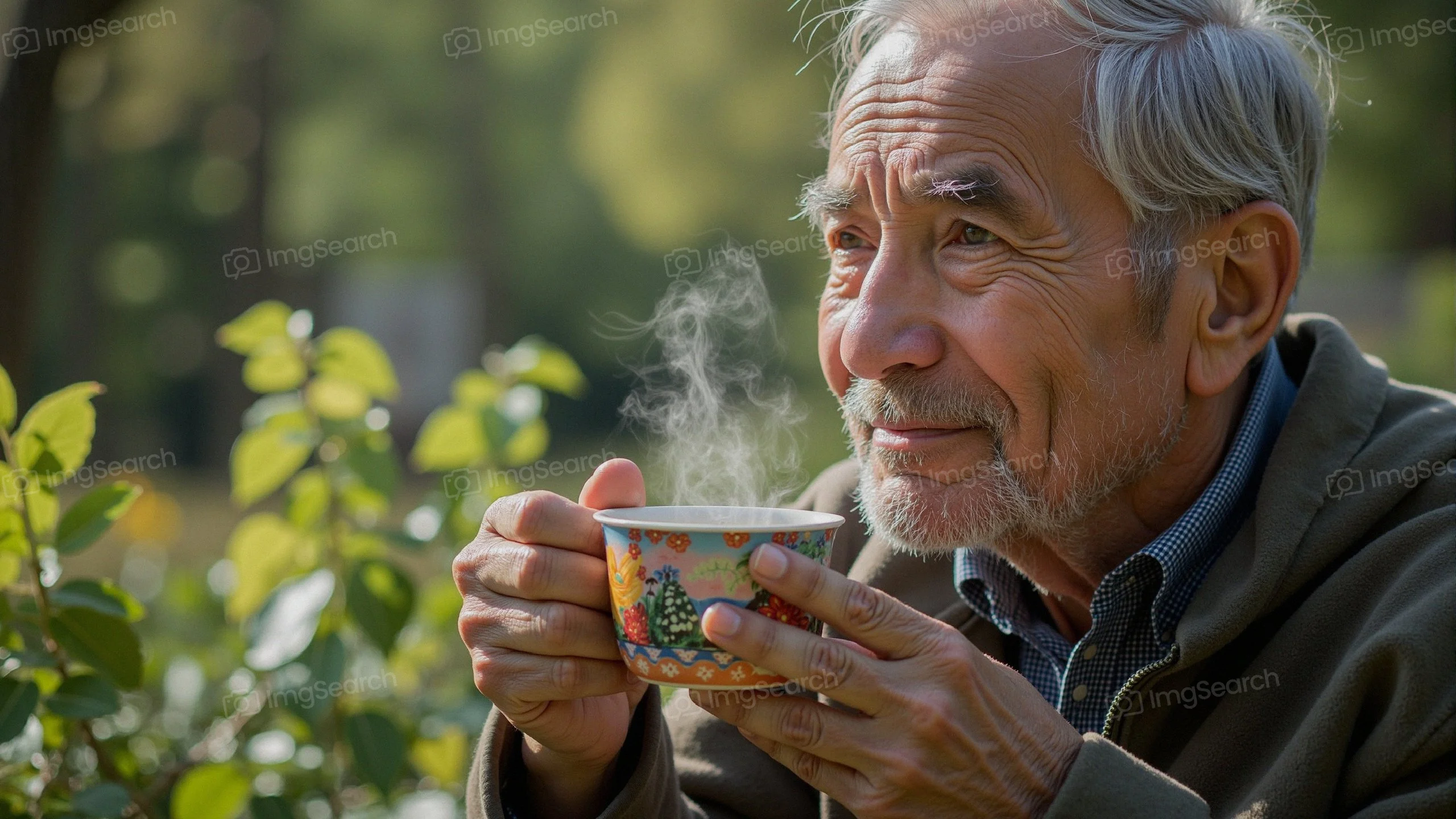 Elderly man holding a cup of tea outdoors with steam rising