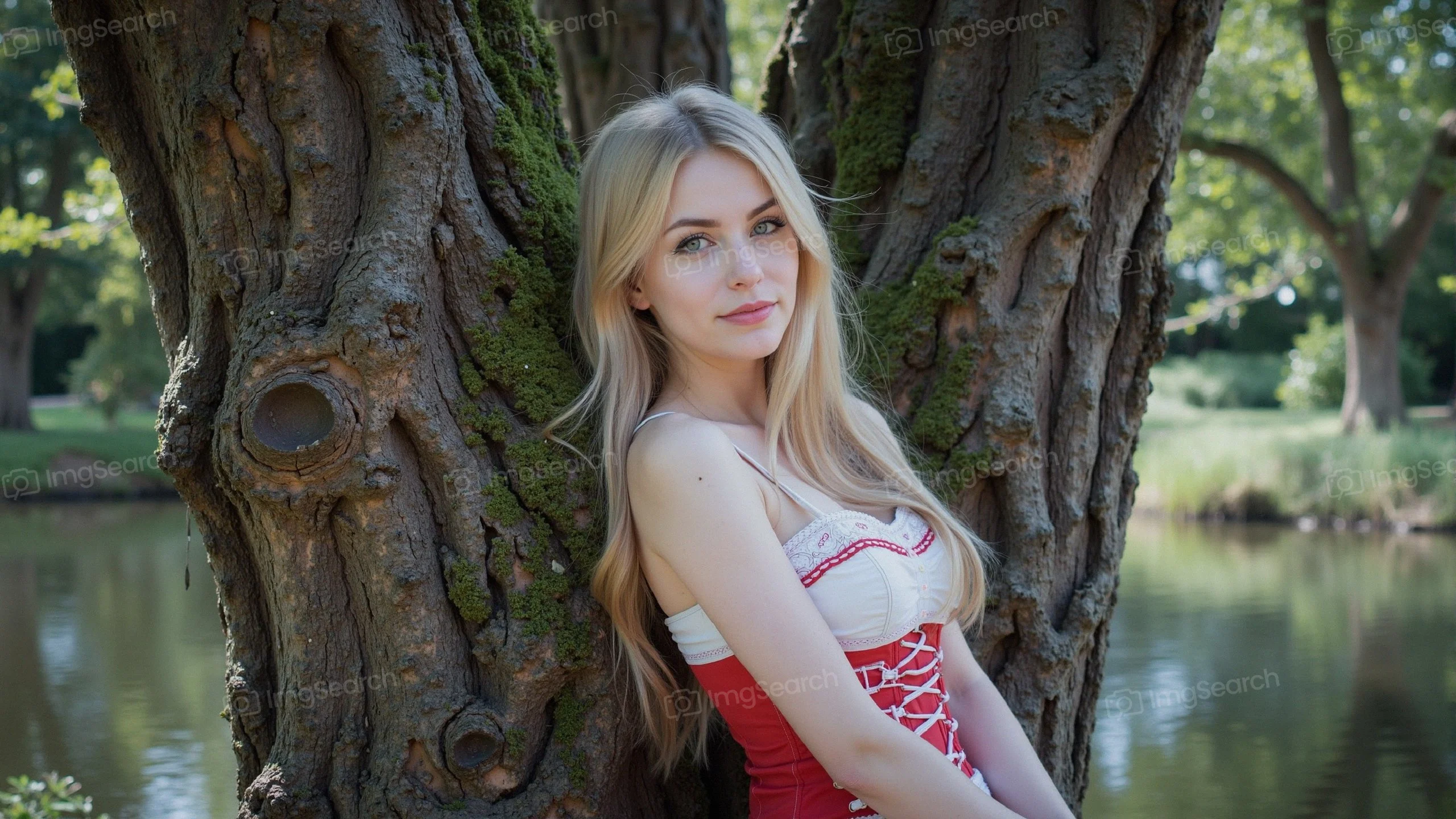 A young woman in a red white dress standing by a tree near a body of water.
