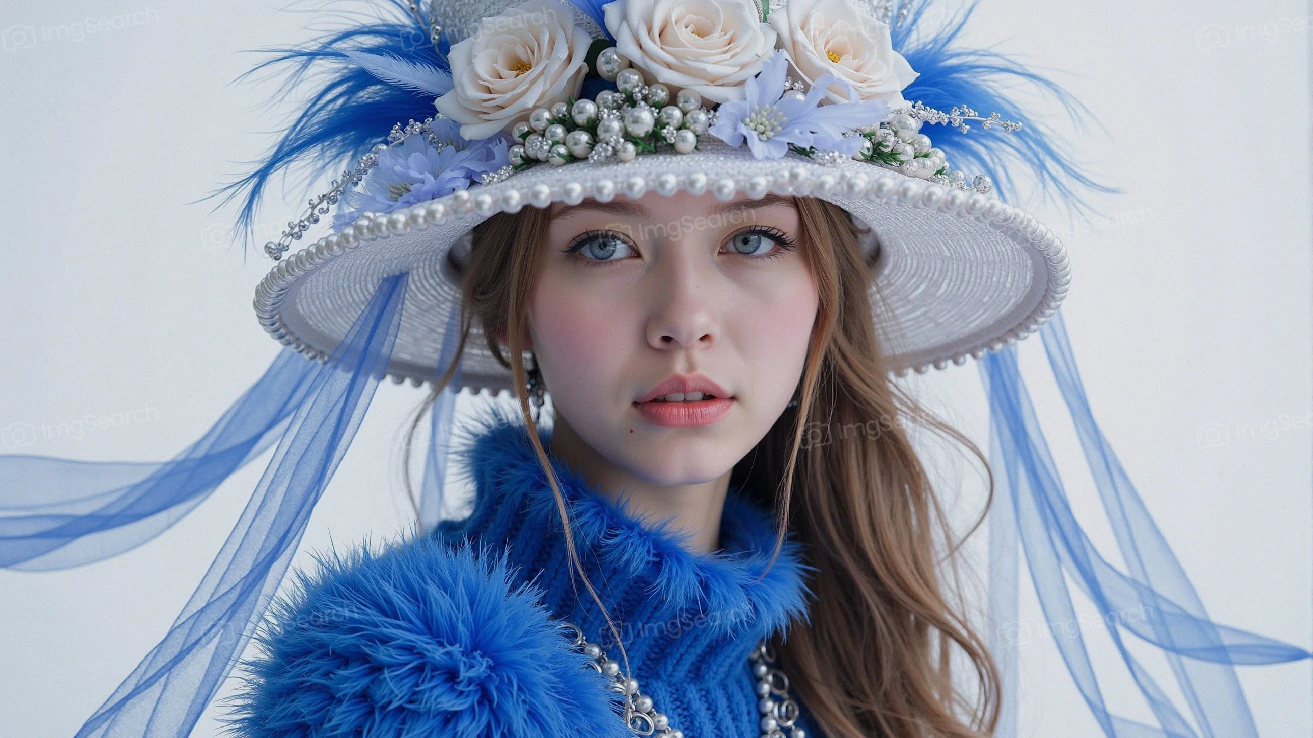 Portrait of a young woman in a blue outfit floral hat