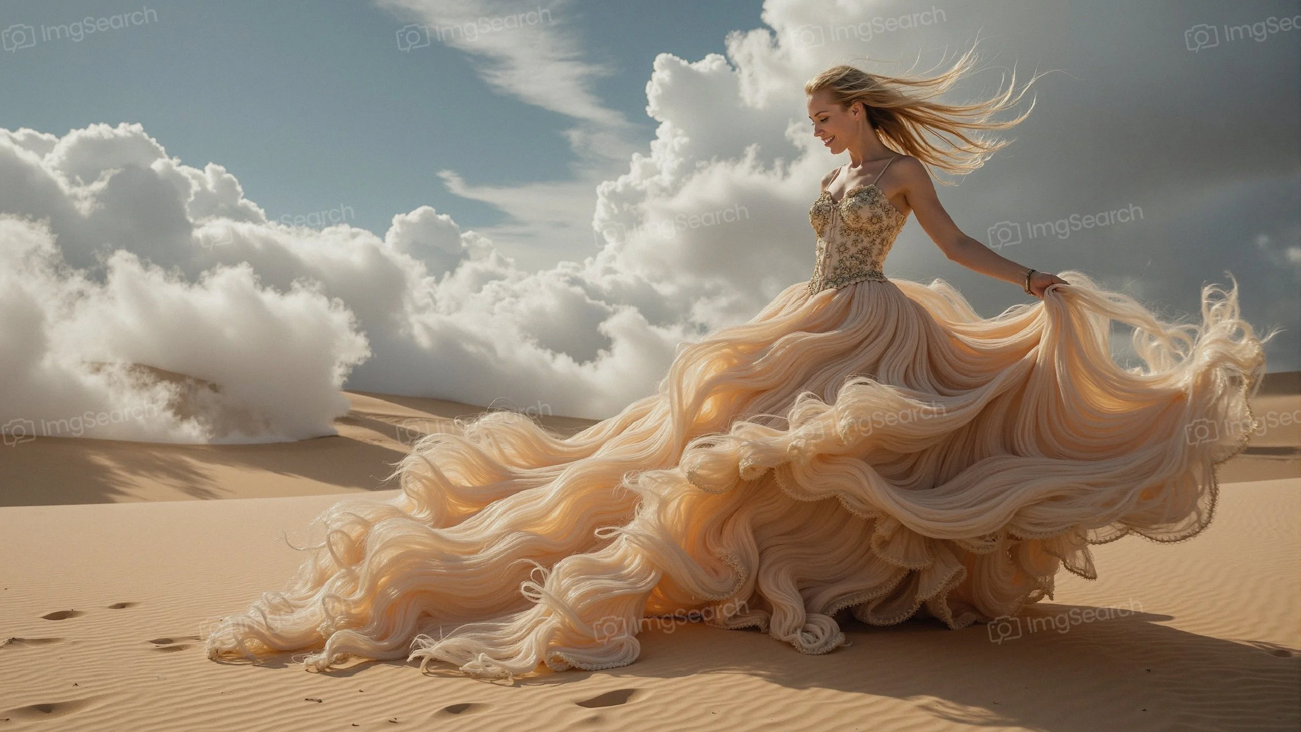 Model in a flowing gown stands in a desert landscape with dramatic clouds.