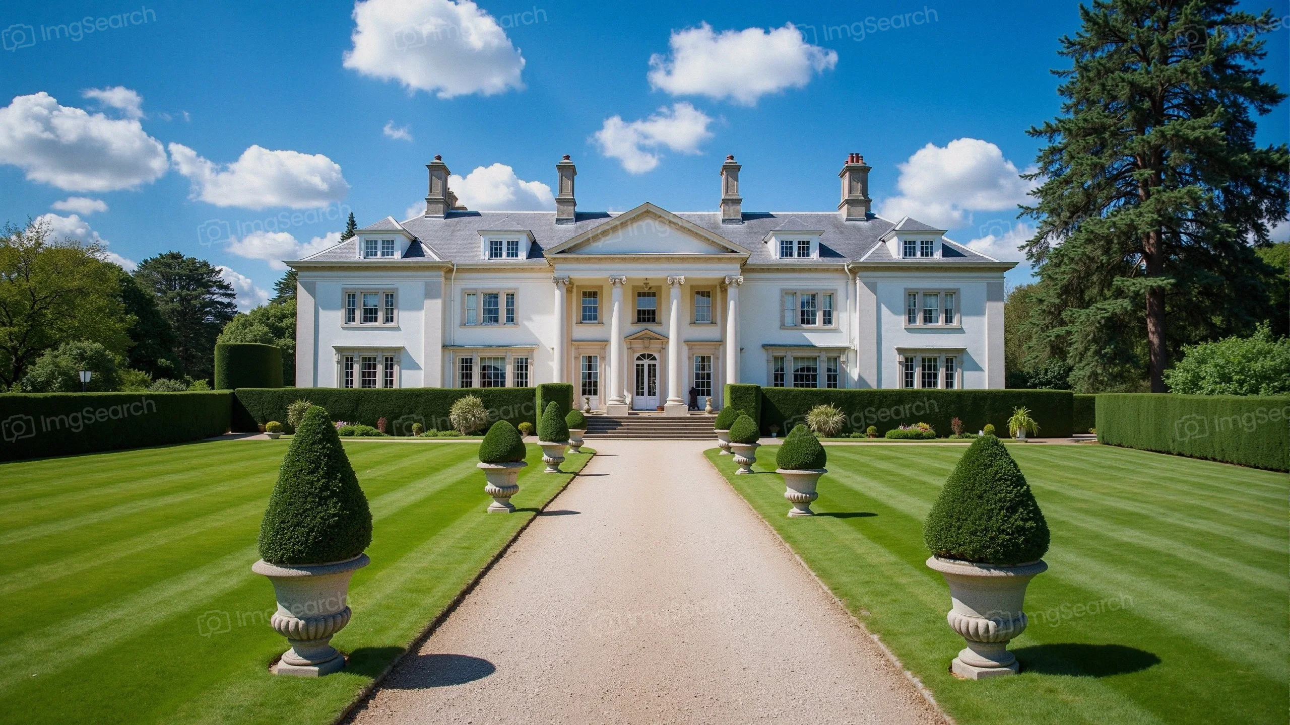 A modern mansion with a grand entrance manicured lawns under a blue sky.