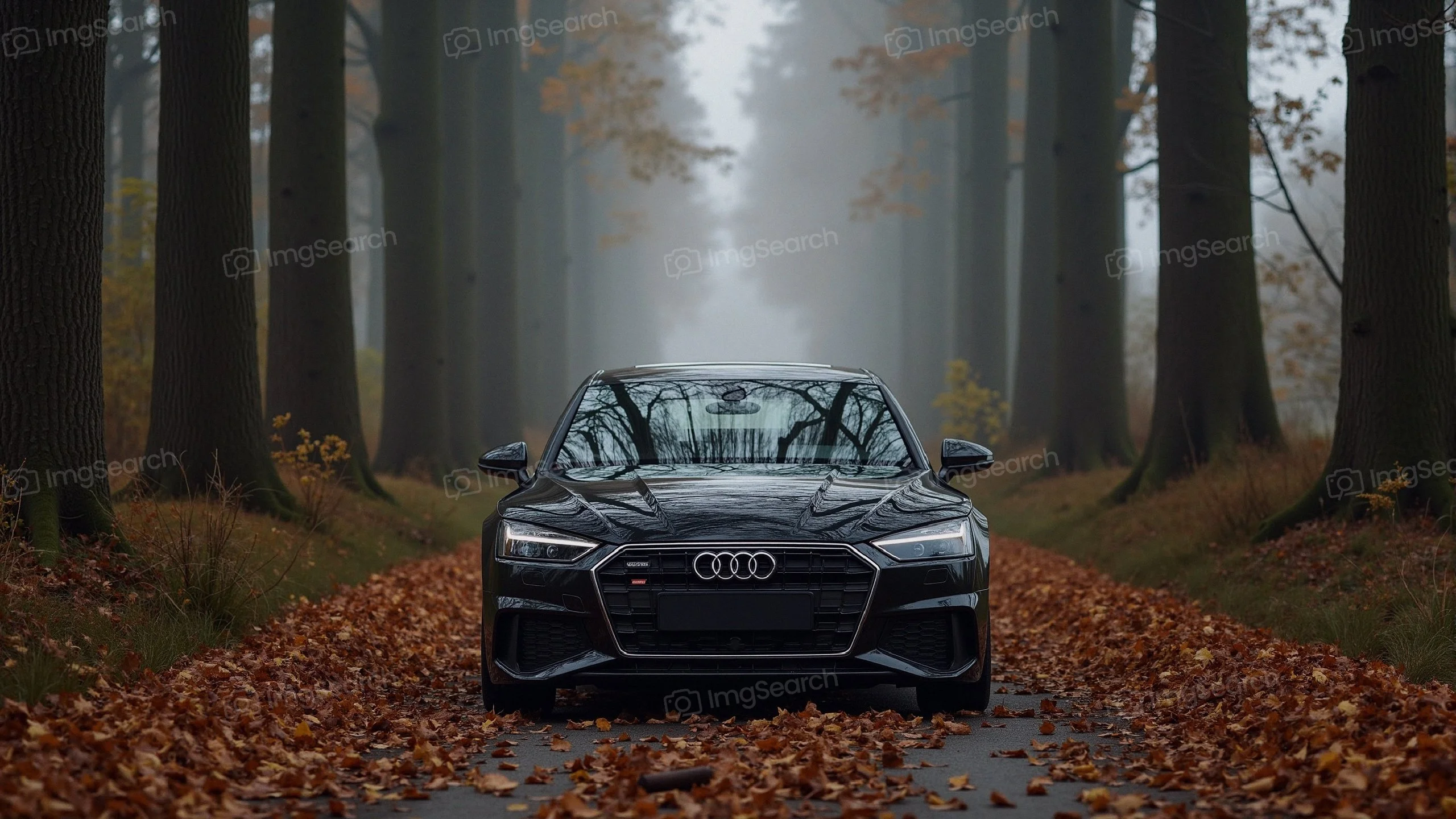 A black Audi parked on a leaf-covered road in a peaceful forest during autumn.