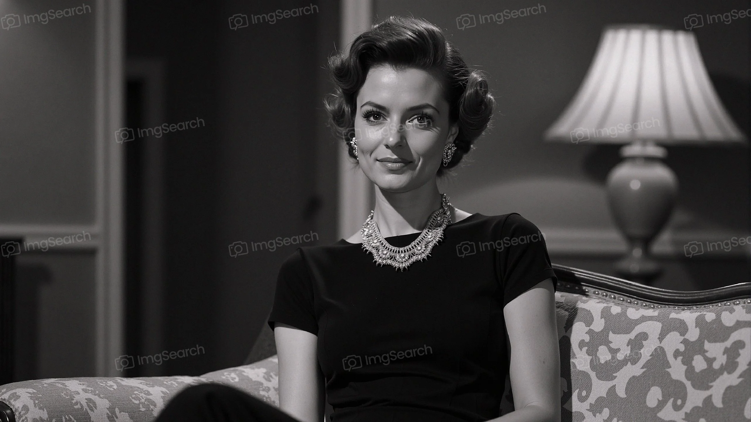 Elegant black and white portrait of a woman with vintage hairstyle and jewelry