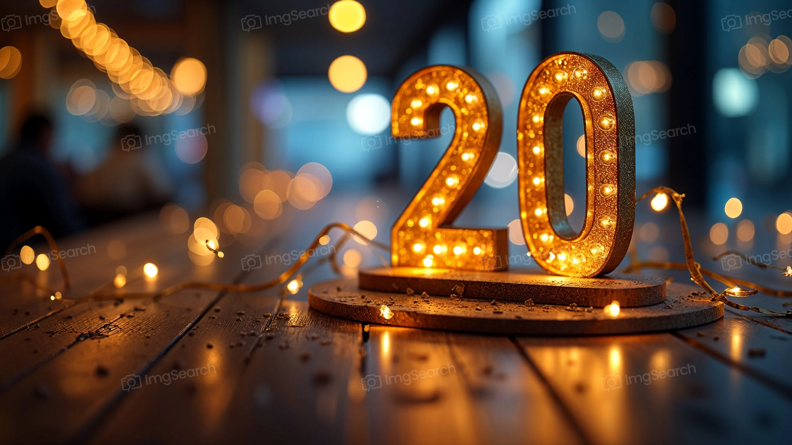 Close-up of number 20 illuminated with decorative lights on a wooden table