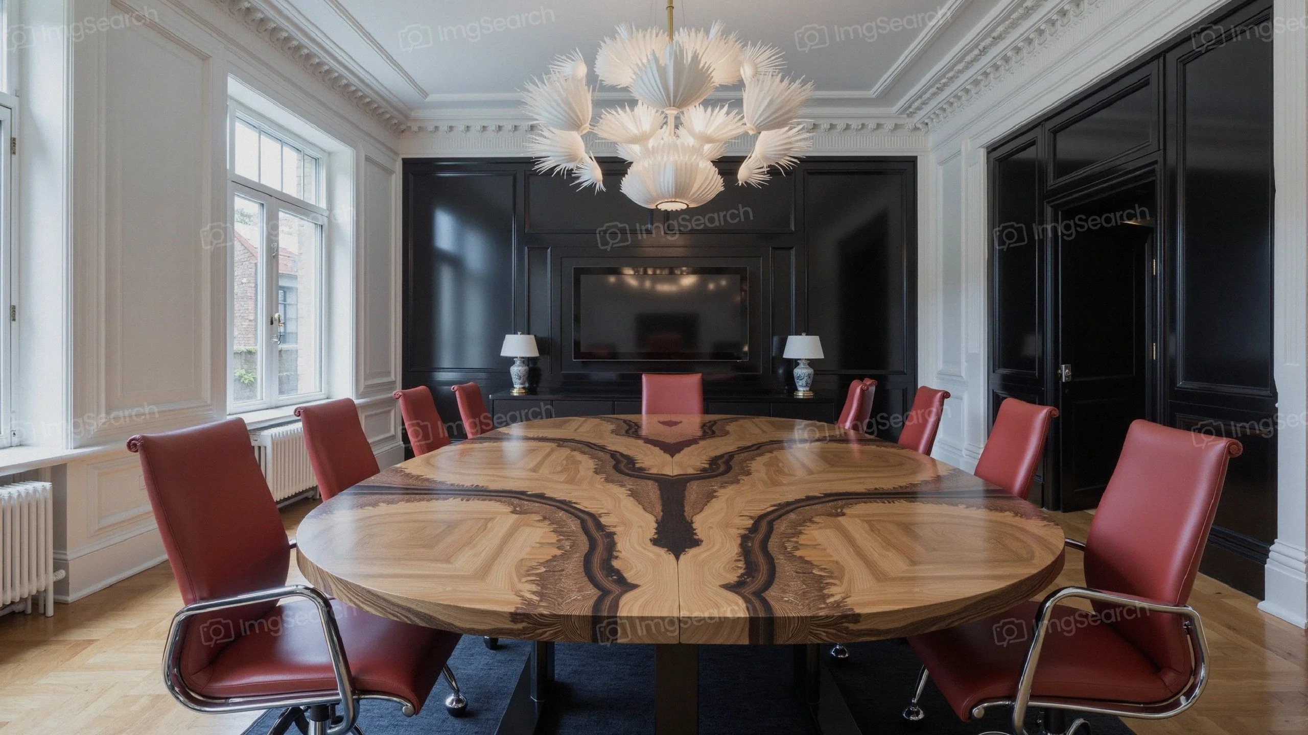 Conference room with artistic wooden table red chairs under a chandelier