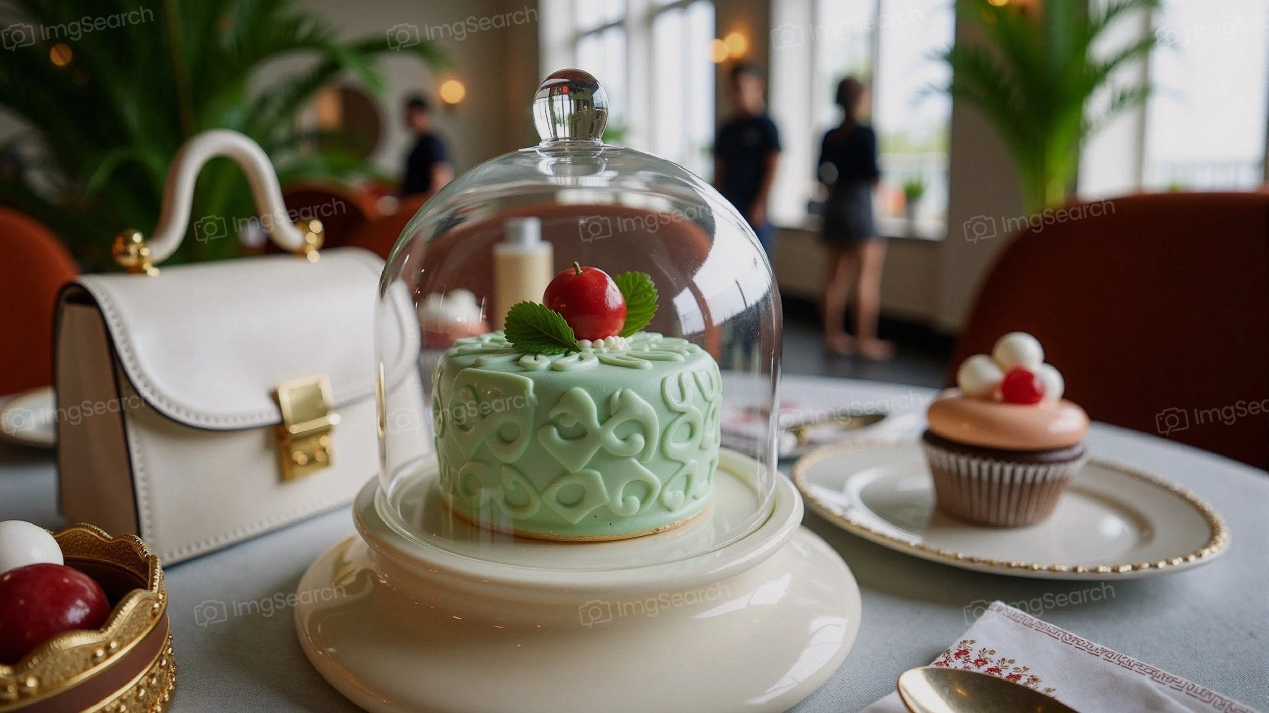 A mint-colored cake under a glass dome with a cherry on top, alongside a pink cupcake a white purse on a table.