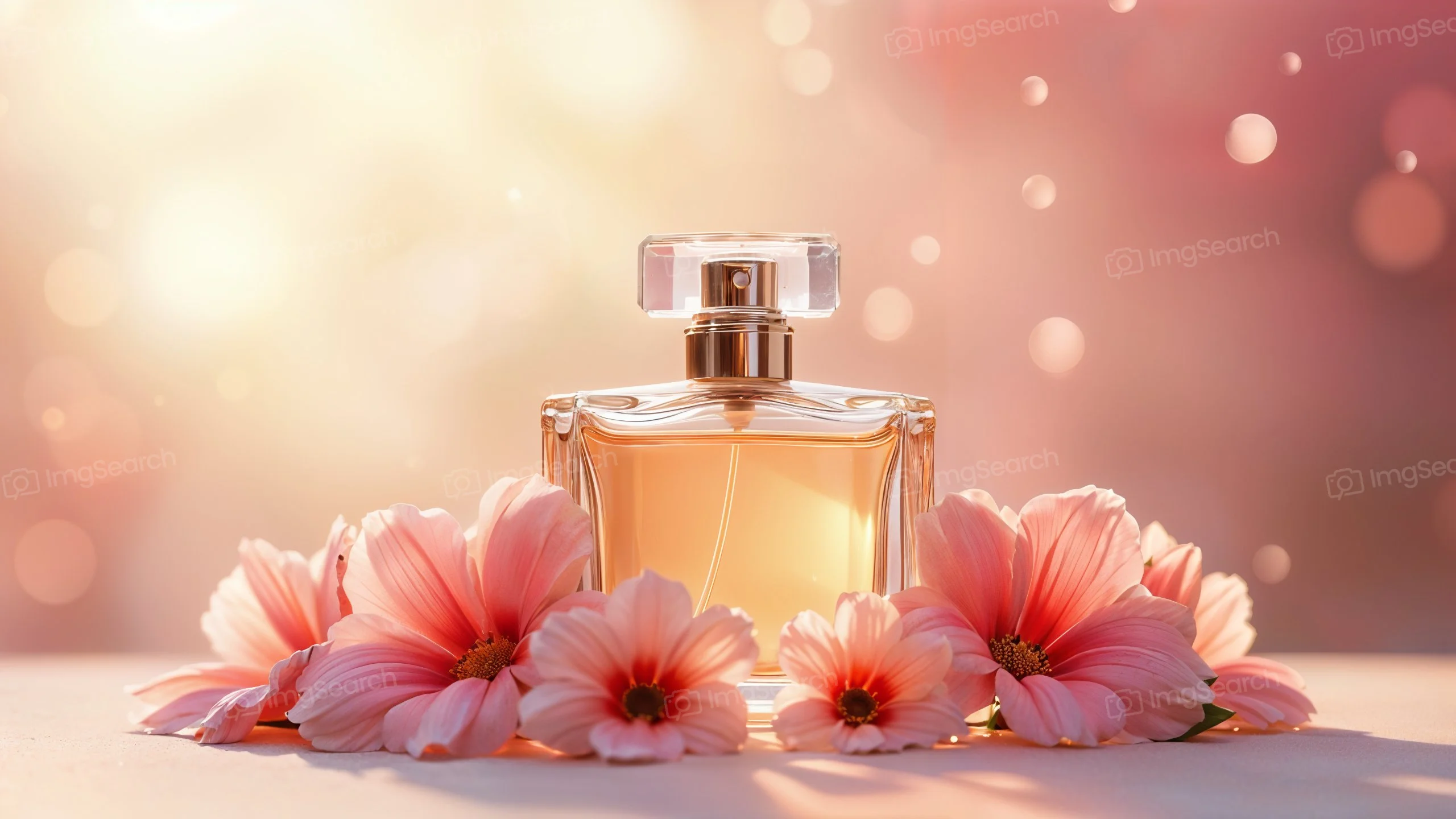 Bottle of perfume surrounded by pink flowers on a blurred background