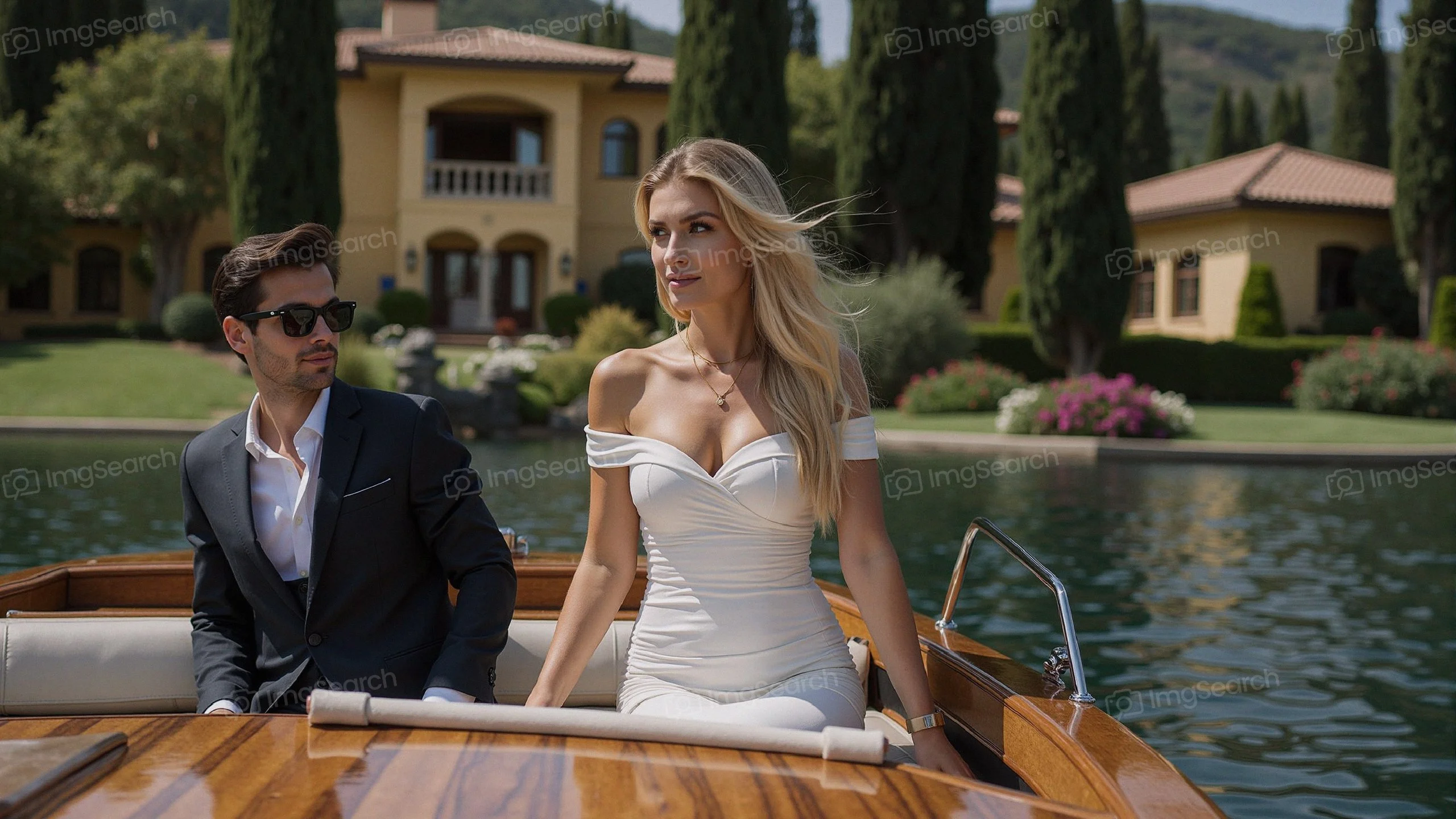 A fashionable couple enjoying a boat ride on a sunny day, surrounded by lush greenery.