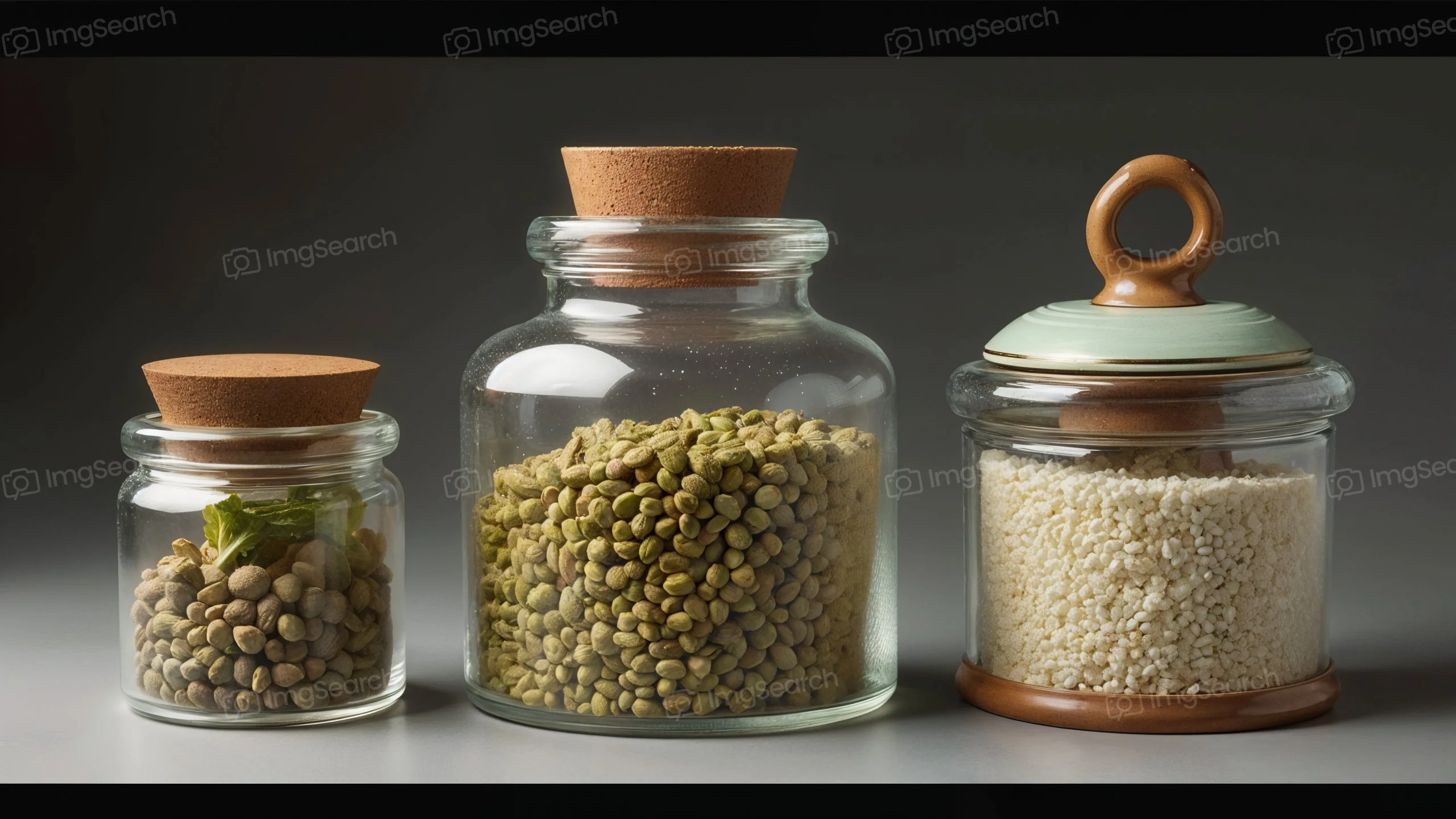 Three glass jars containing green lentils, spices, and white granulated ingredients on a neutral background