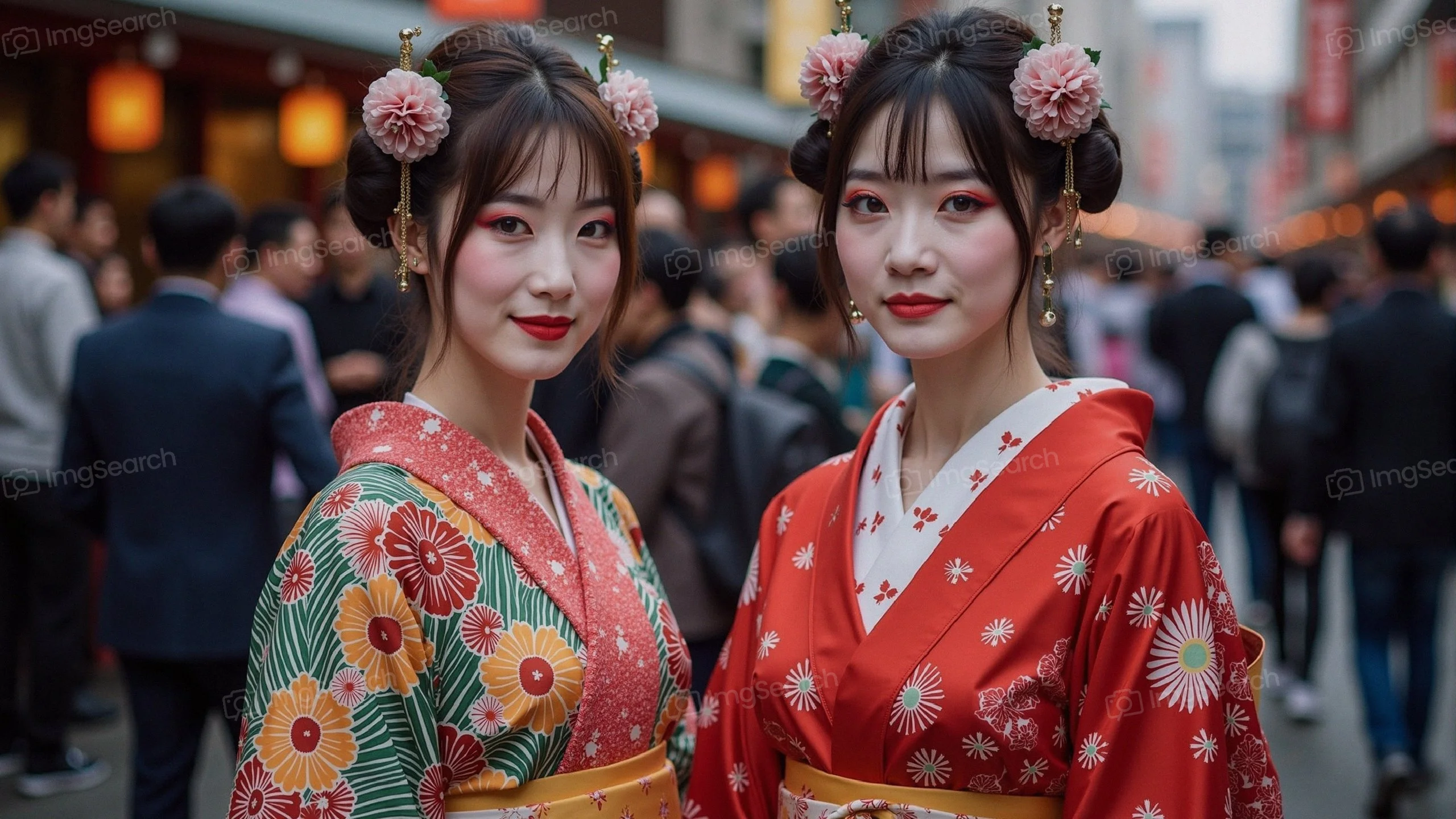 Two women in colorful kimonos with floral hairstyles in an urban environment