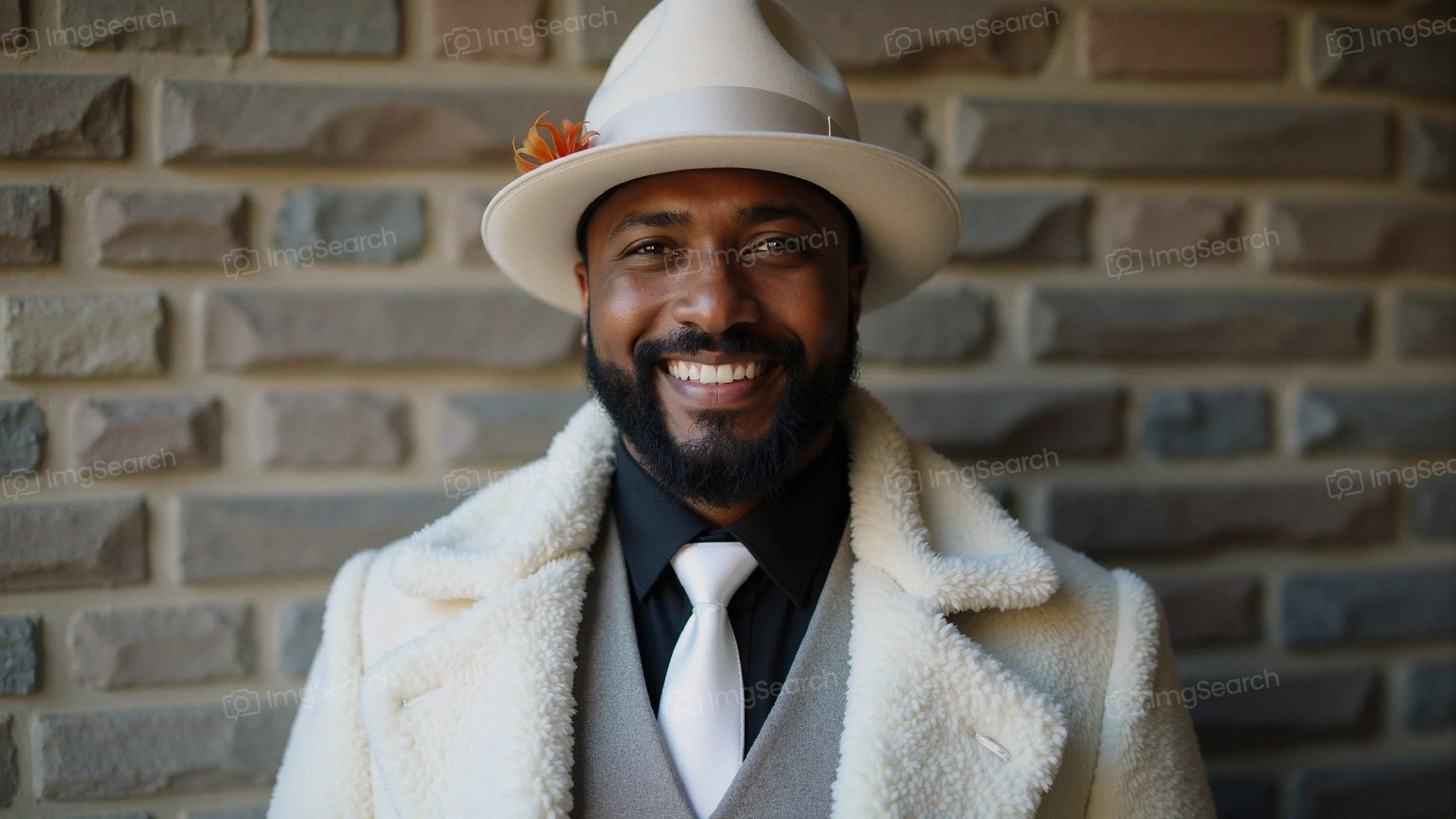 Stylish man in cream-colored overcoat white hat smiling against a brick wall