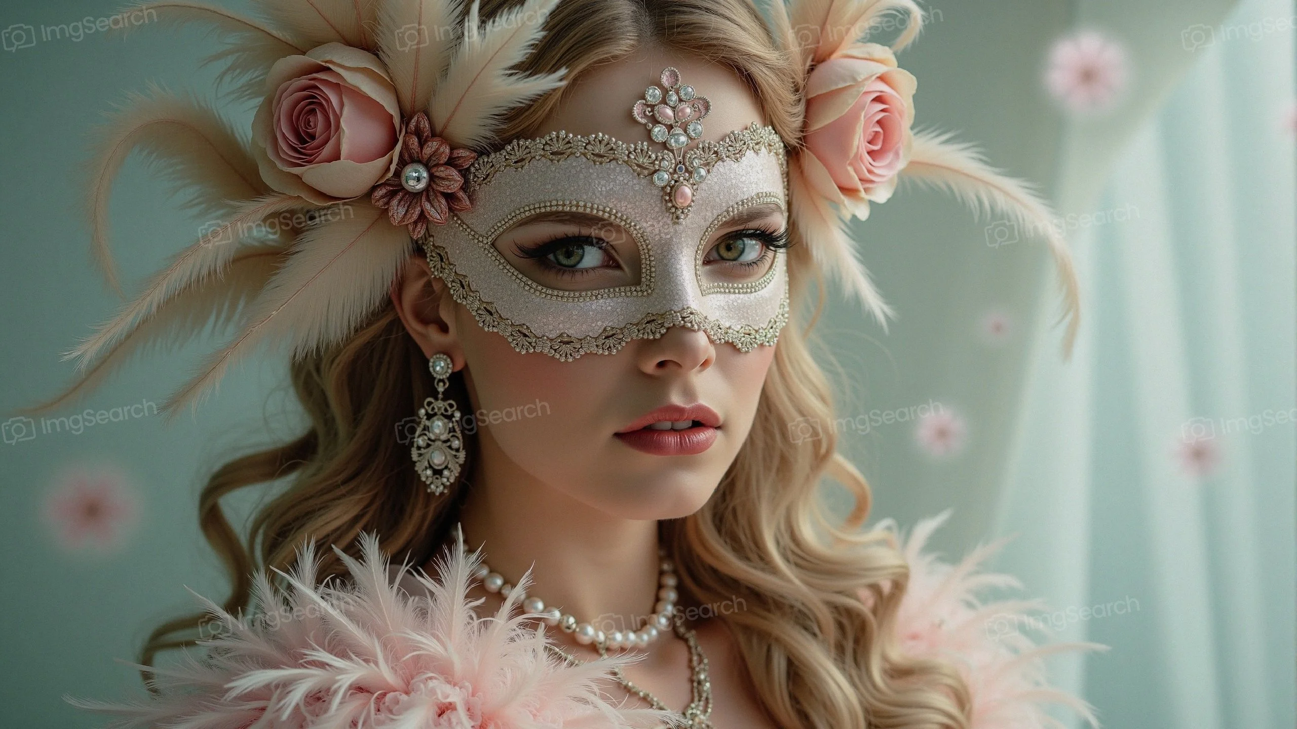 A woman in an ornate masquerade mask with feathers flowers, exuding elegance mystery.
