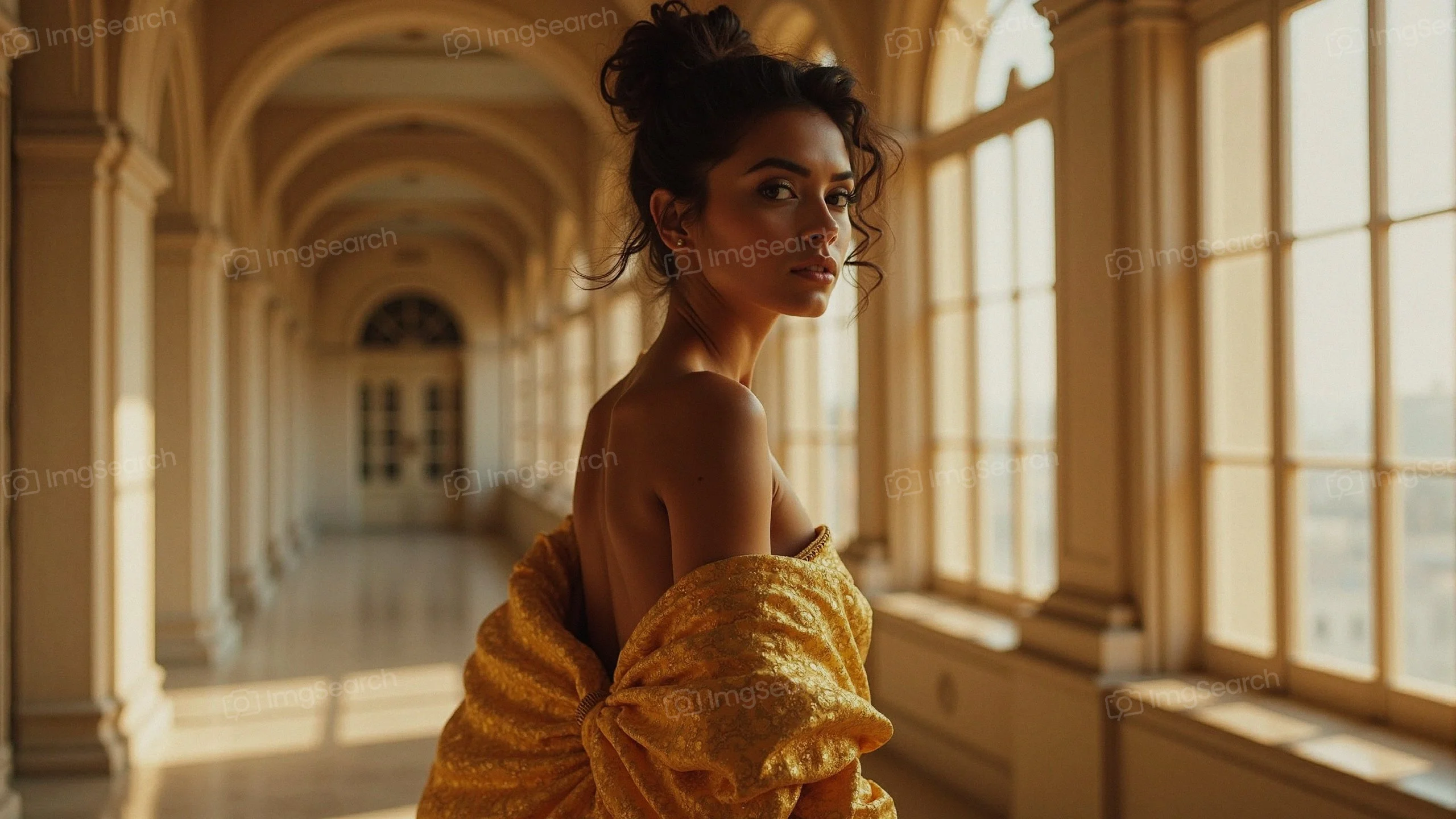 A confident woman in a golden draped garment stands in a sunlit corridor, showcasing elegance beauty.