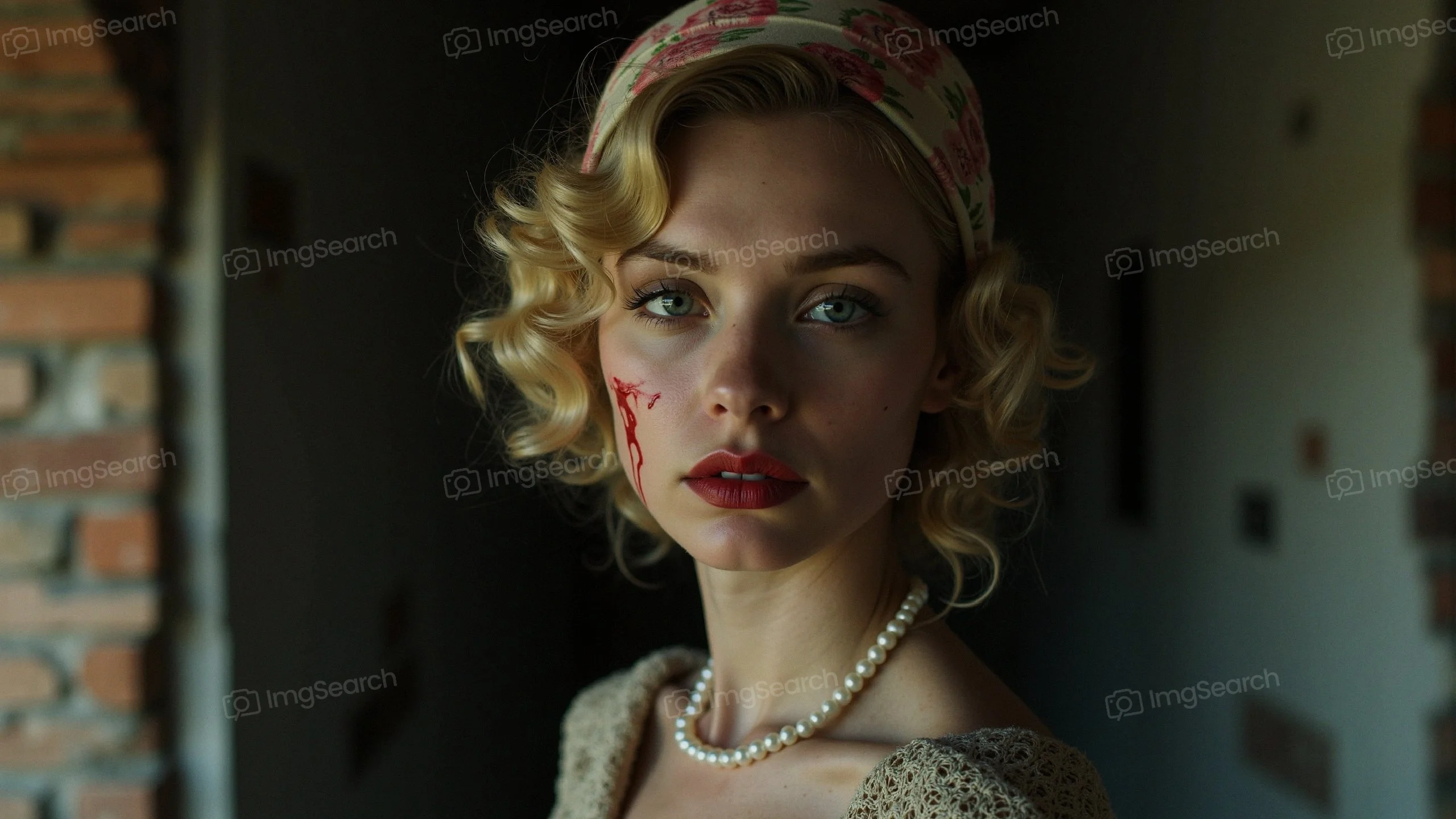 Portrait of a young woman with blonde curls a floral headband, set in a dimly lit corridor