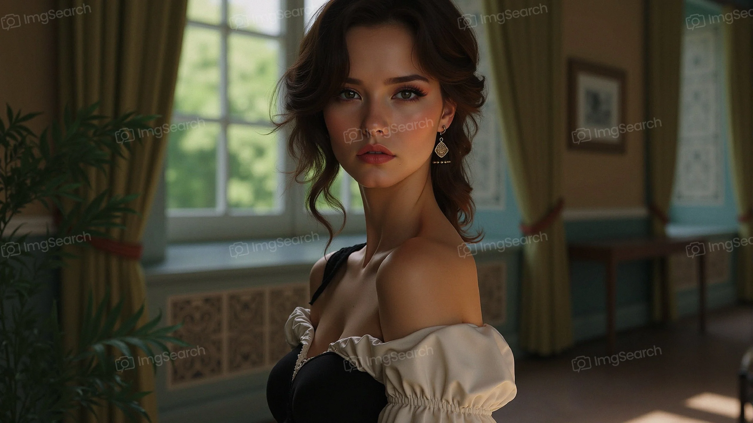 A portrait of a young woman with a sophisticated appearance in an elegantly decorated room.
