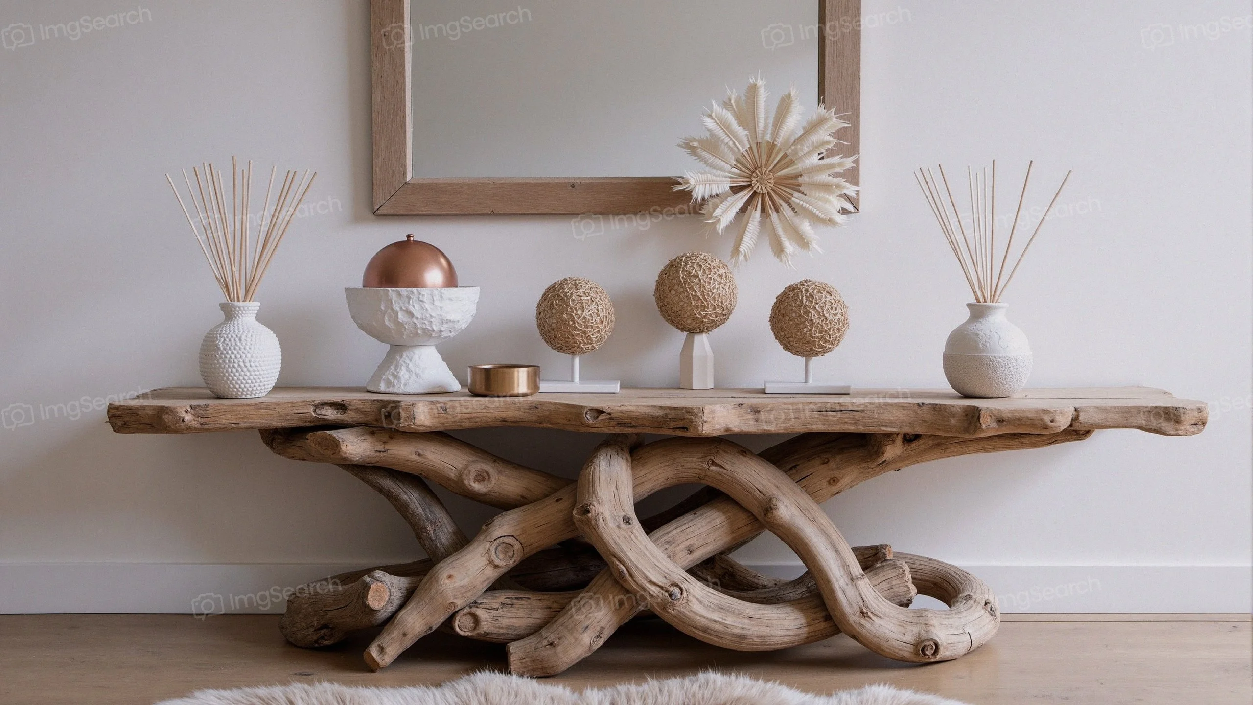 A rustic wooden table with intricate twisted legs, adorned with decorative vases spherical elements.