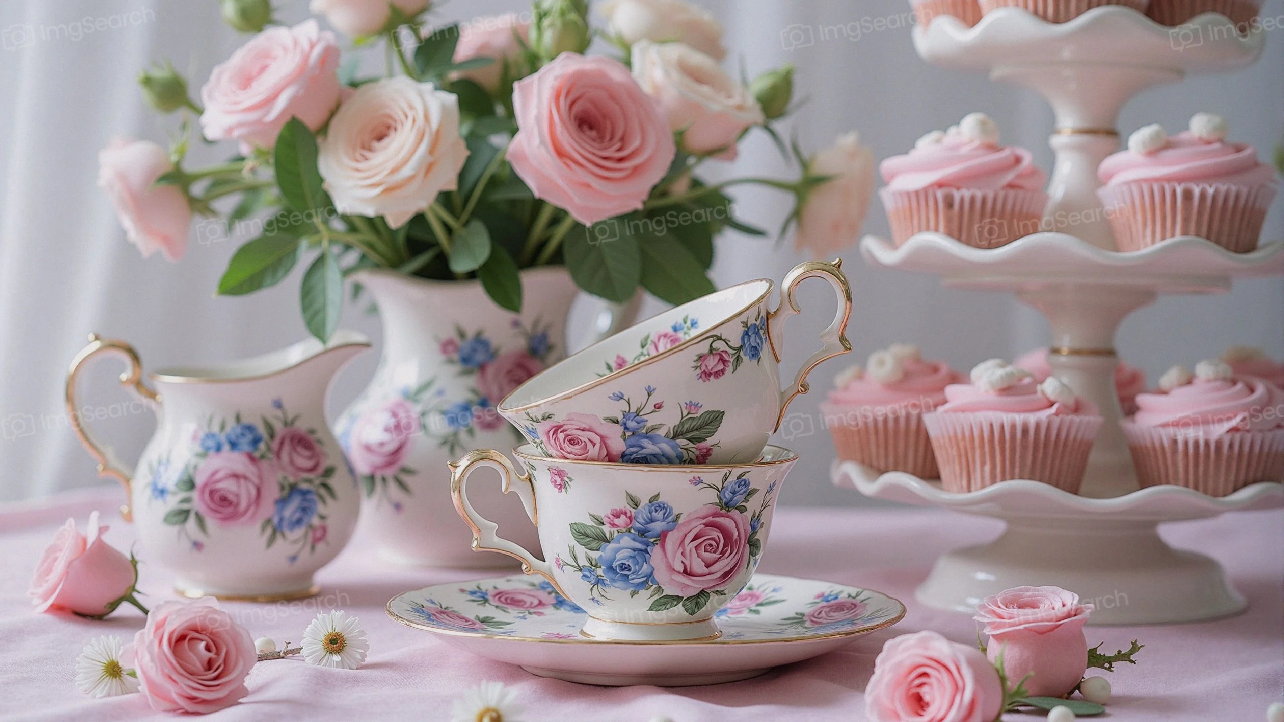 A beautifully arranged tea party scene featuring stacked floral teacups, pink roses, cupcakes on a tiered stand.