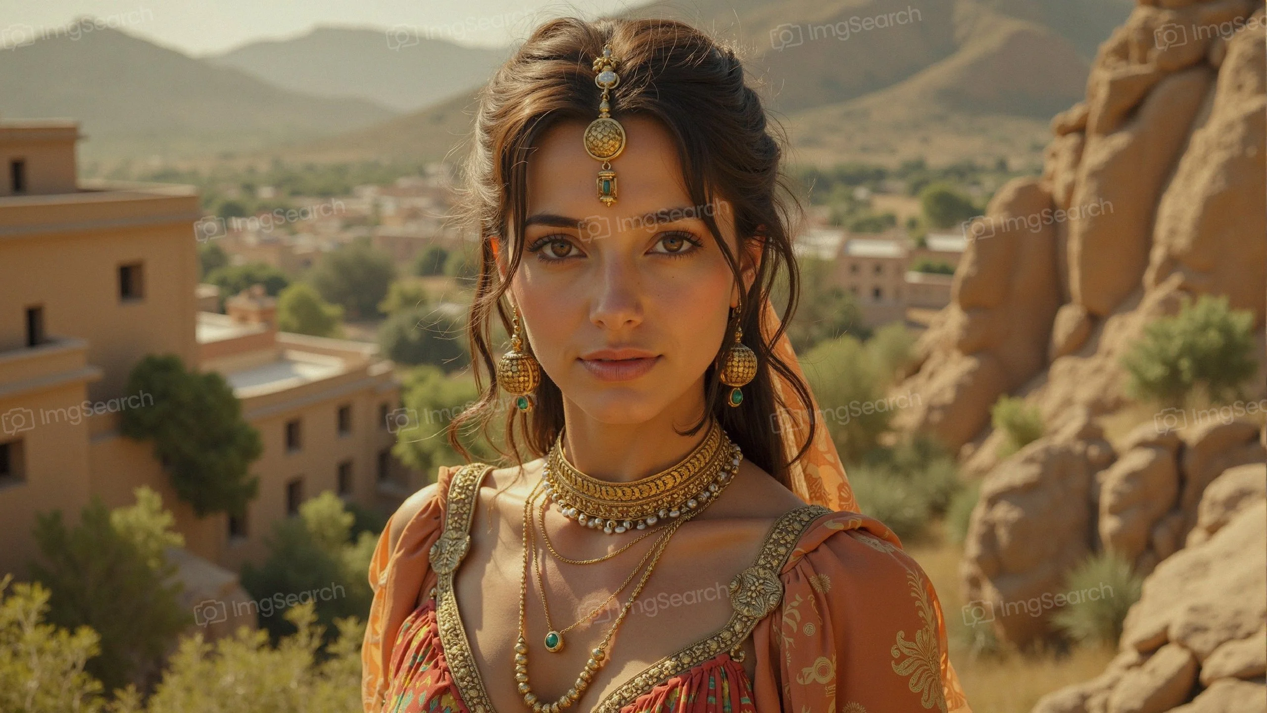 Portrait of a young woman in traditional attire with elaborate jewelry against a natural backdrop.