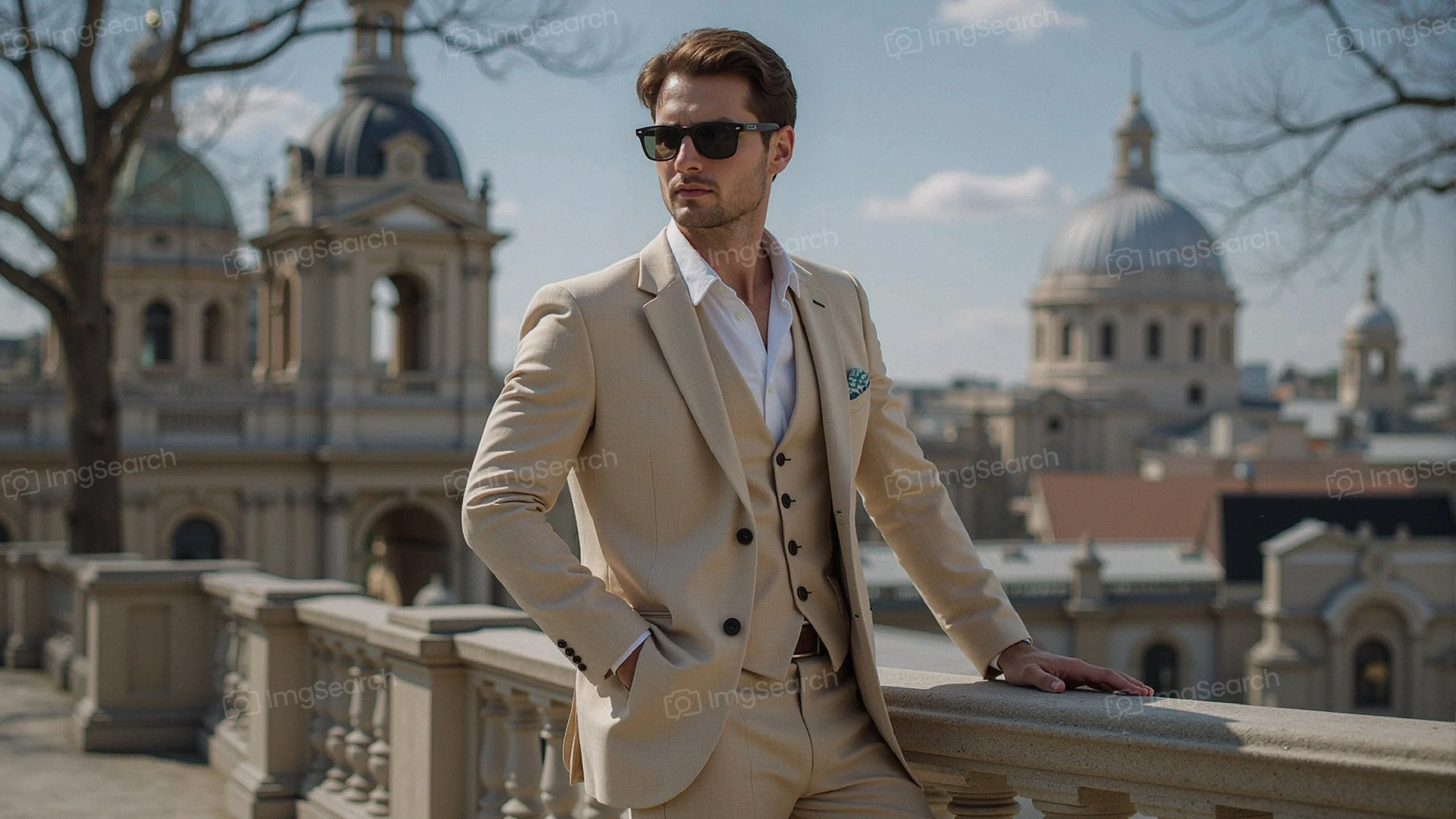 A well-dressed man in a beige suit sunglasses poses in front of a beautiful city skyline with historical architecture.