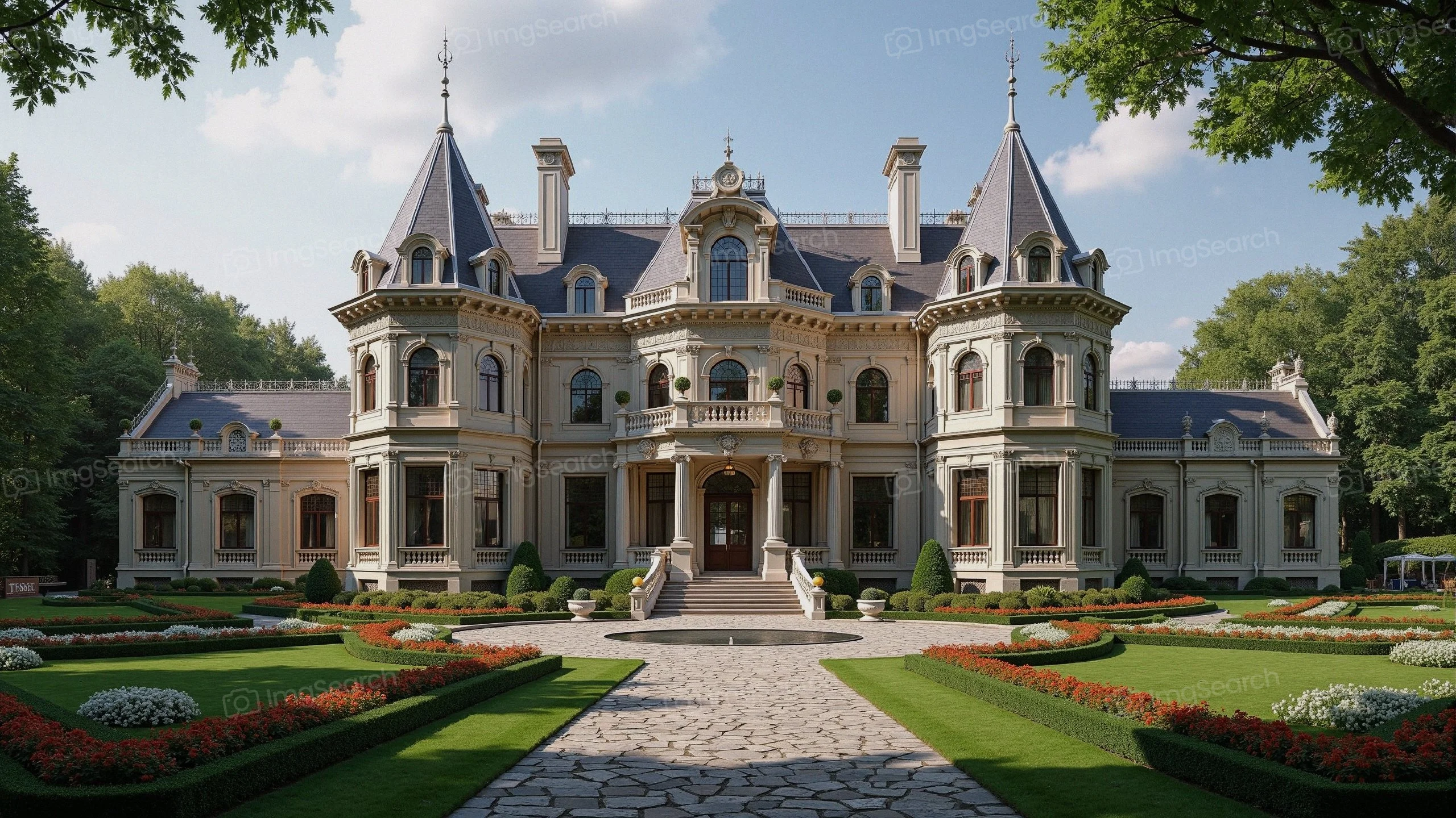 Luxurious Victorian mansion with landscaped gardens a clear sky