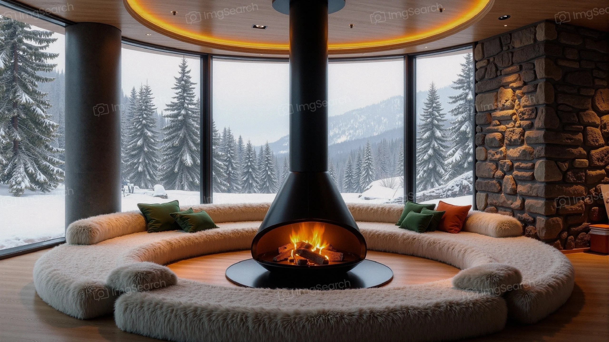 Interior of a modern winter retreat with a circular seating area a black fireplace, surrounded by snowy landscape