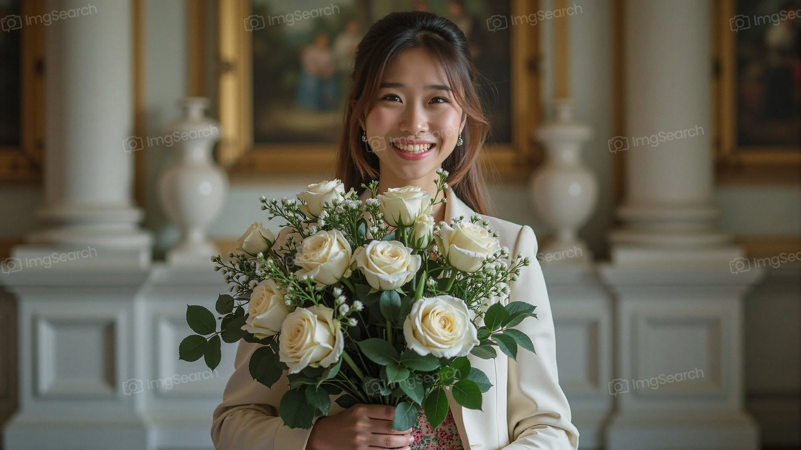 A young woman smiling while holding a bouquet of white roses in a beautifully decorated room.