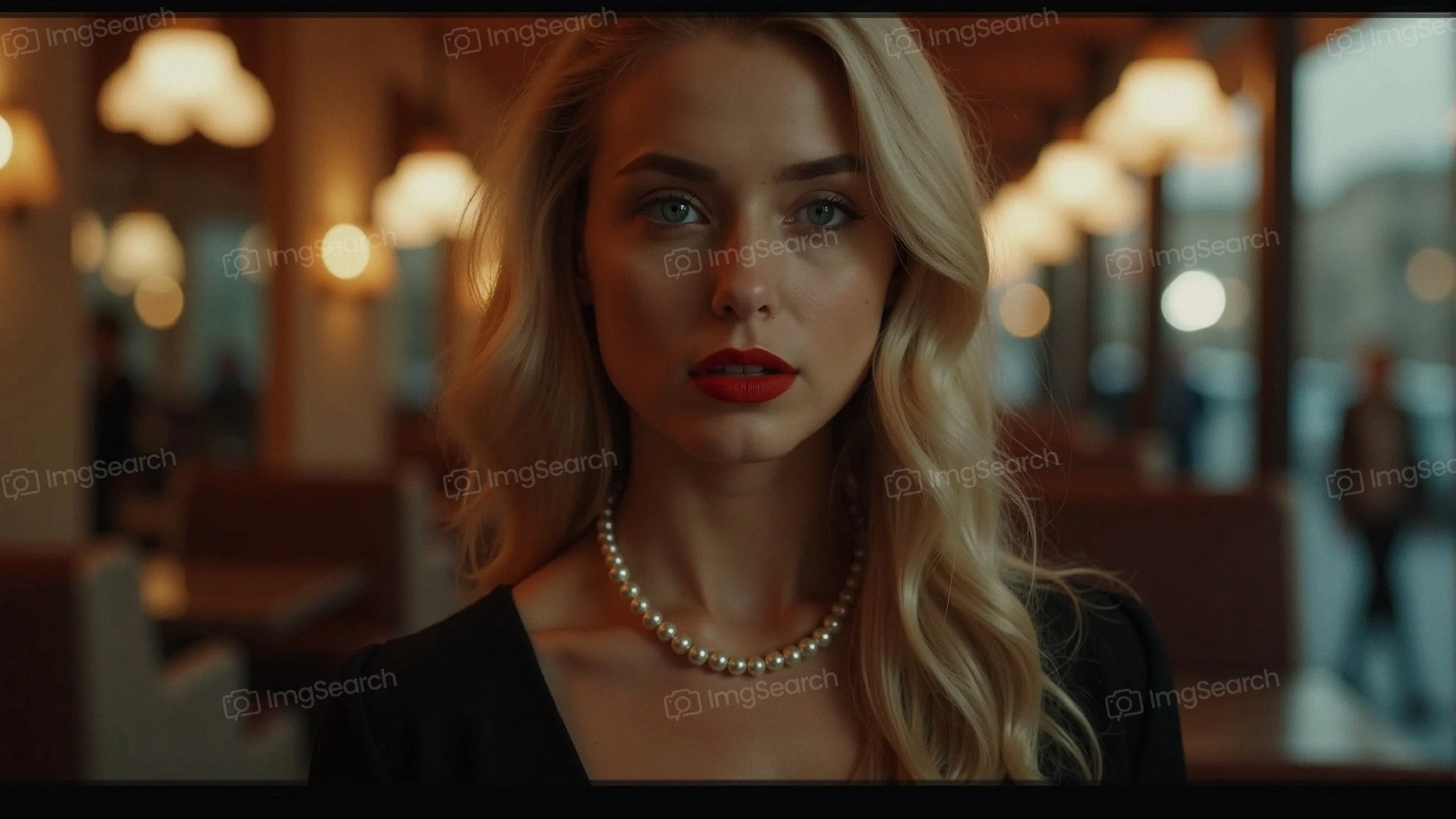 Portrait of an elegant woman with blonde hair pearl necklace in a cafe