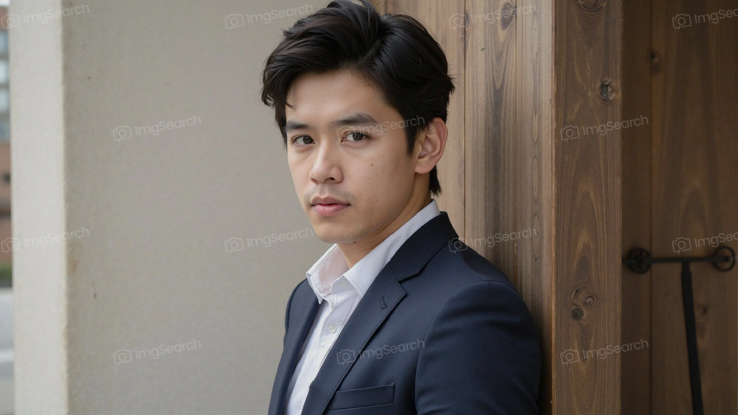Young man in tailored suit leaning against a wooden wall, exuding professionalism confidence.