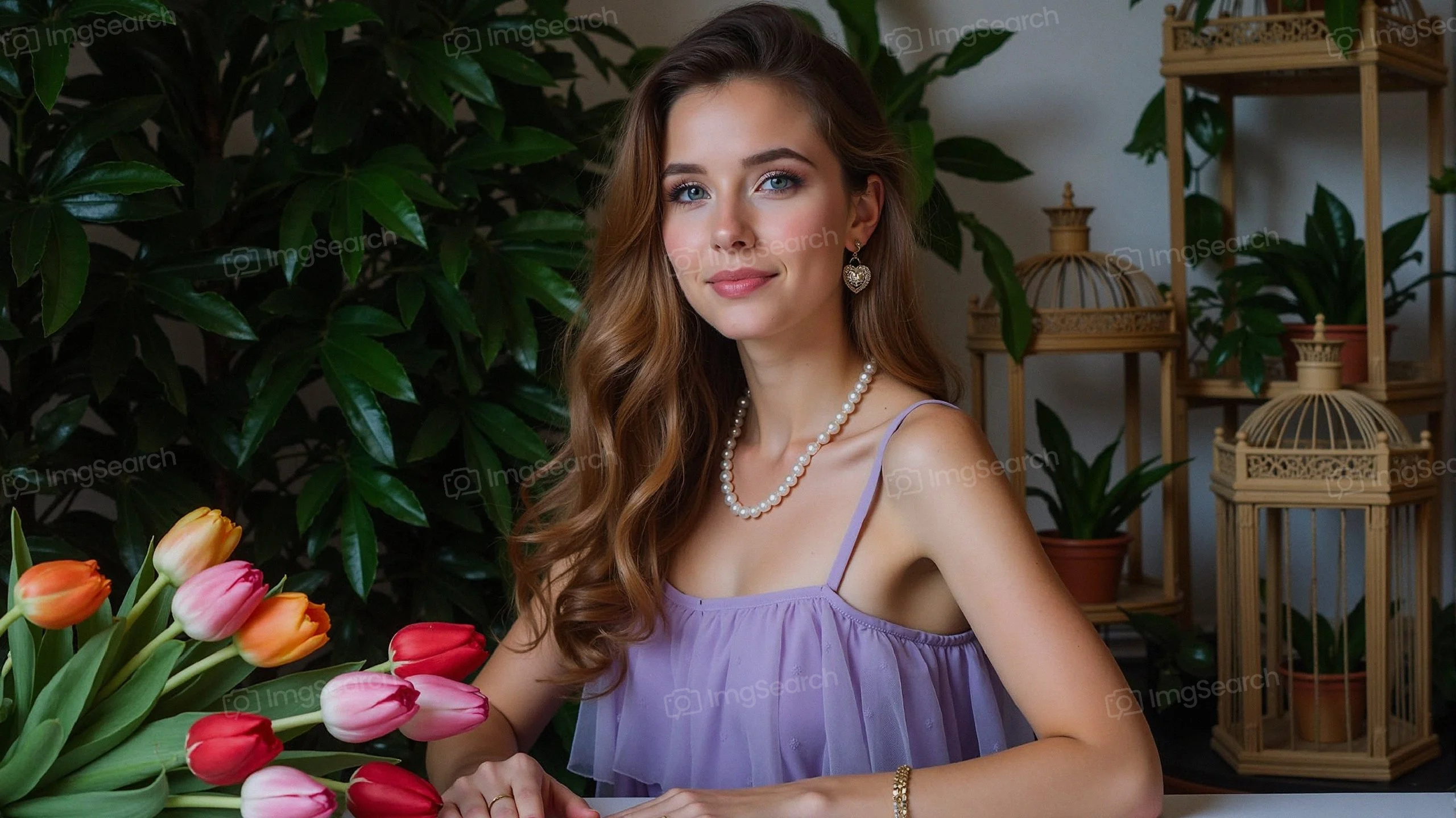 A young woman wearing a lavender top pearls sitting beside a bouquet of colorful tulips.