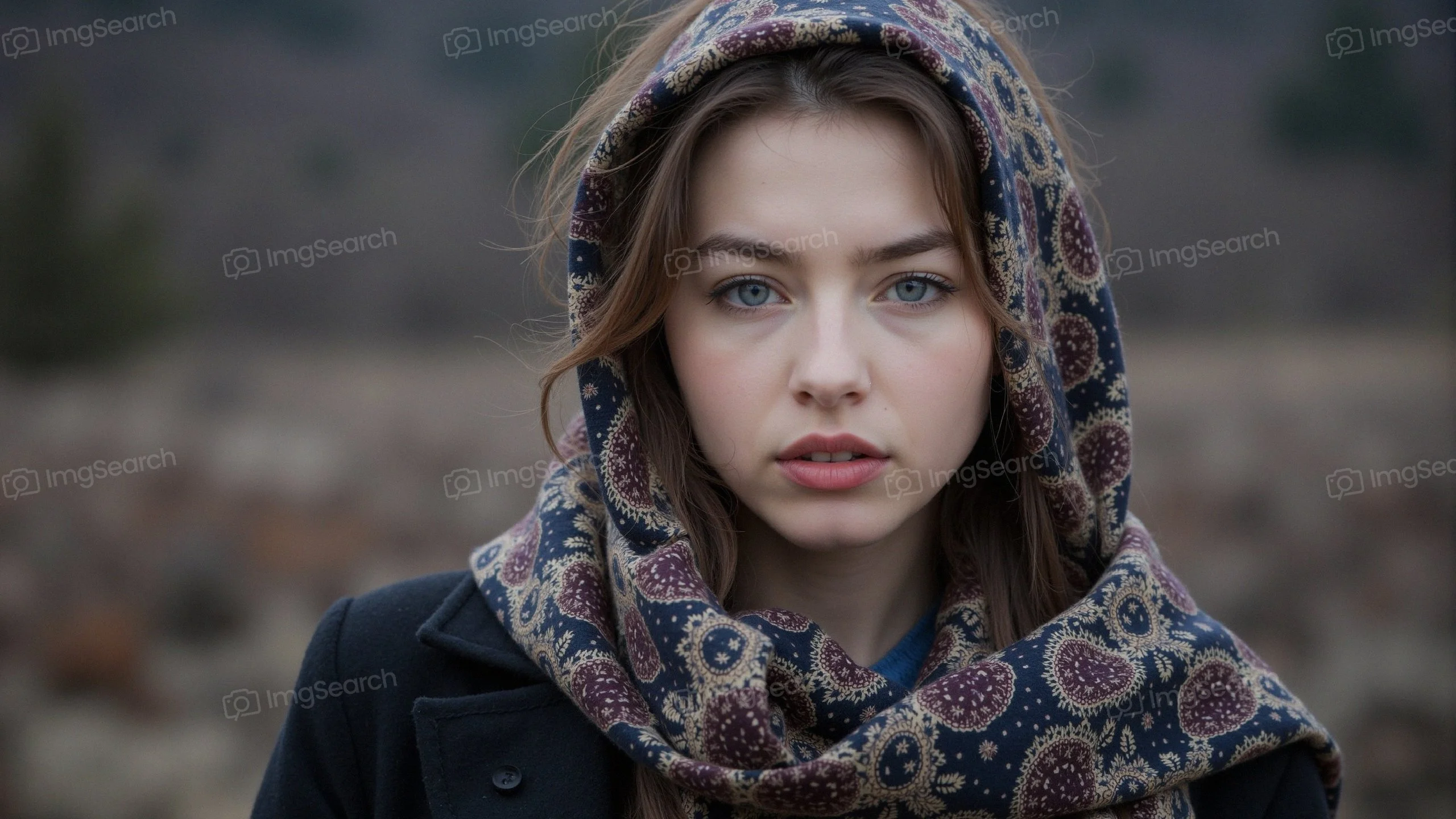 Portrait of a young woman wearing a patterned scarf in a natural setting