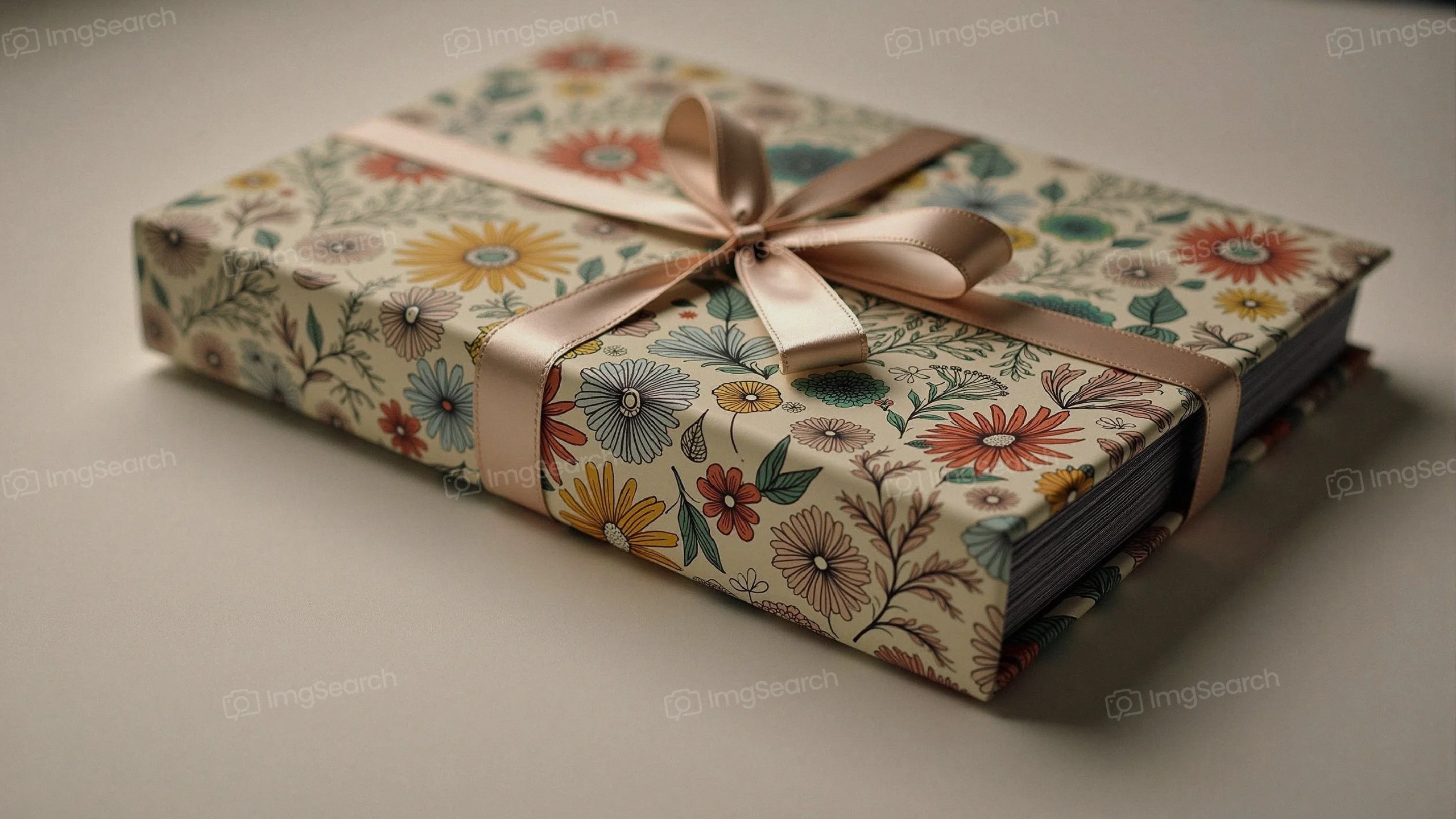 A floral-patterned journal tied with a satin ribbon