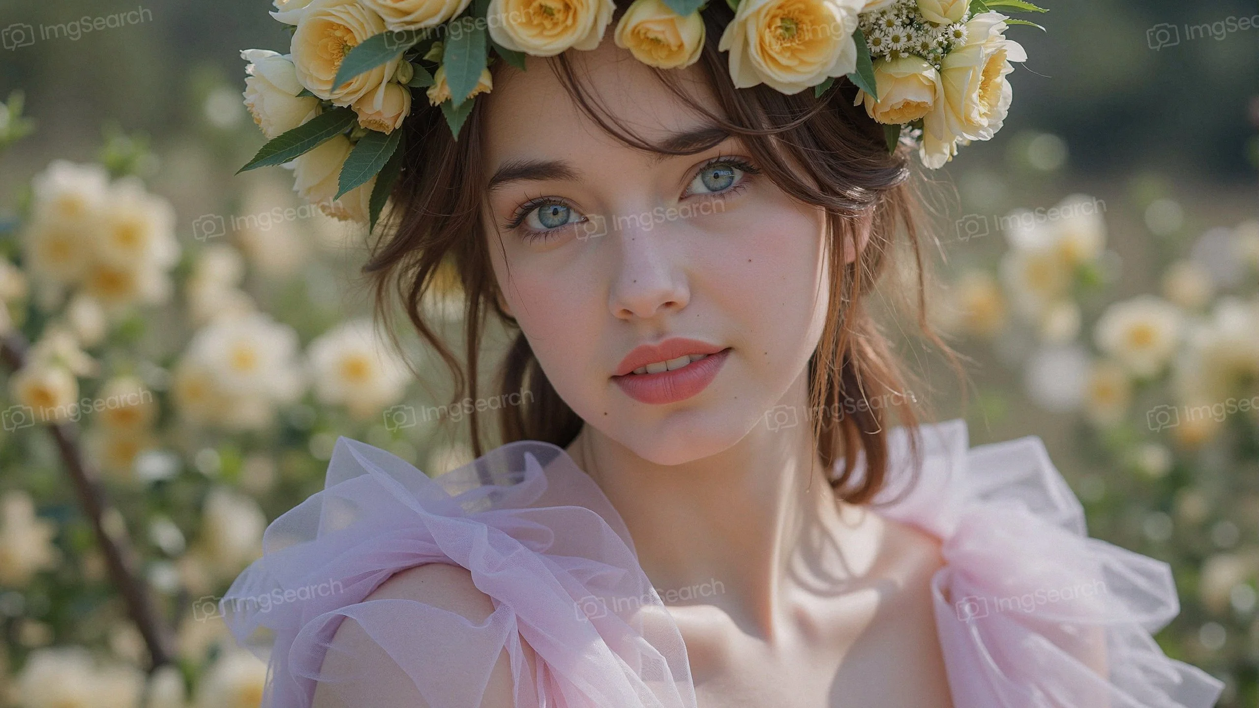 A young woman with a floral crown smiling softly amidst blooming flowers.